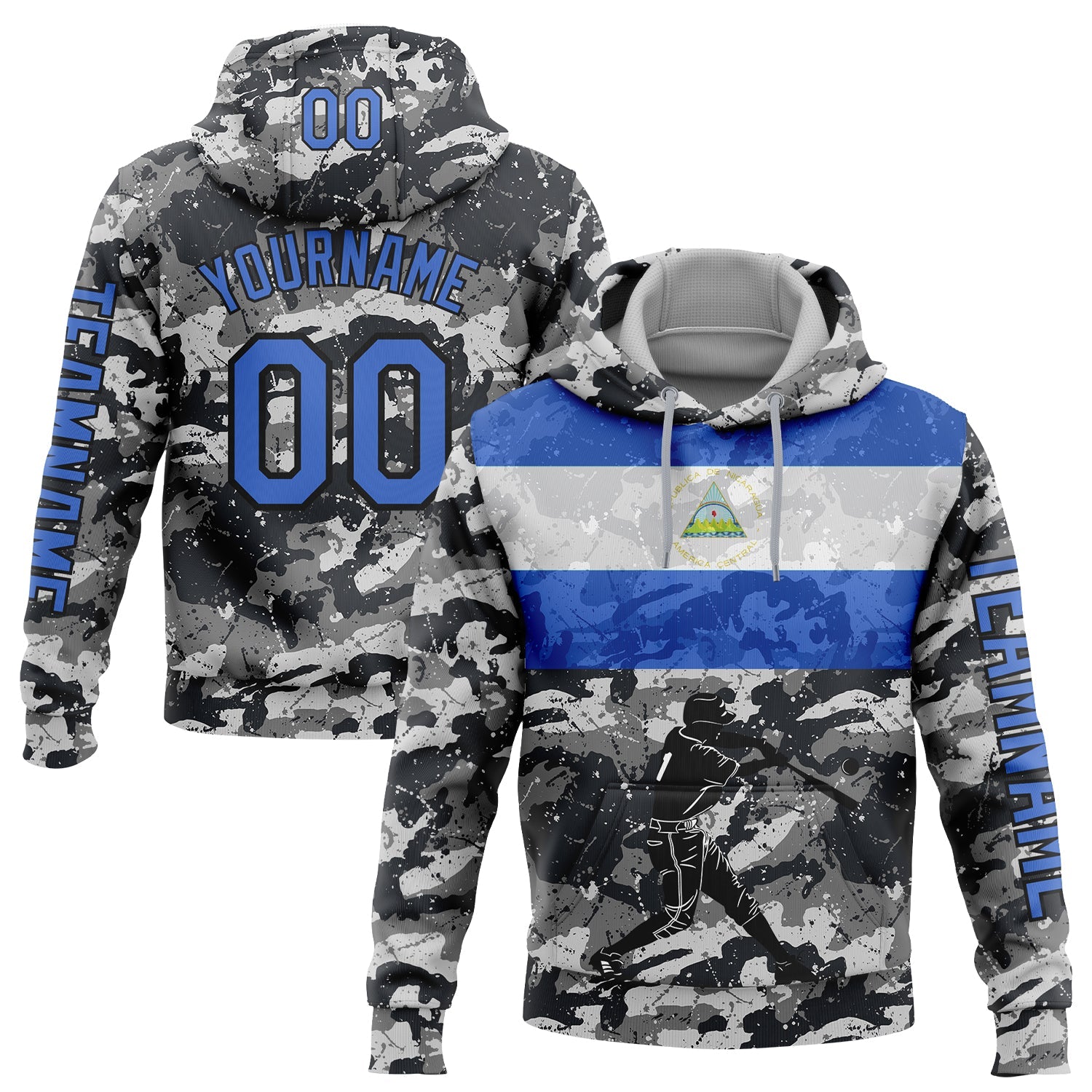 Custom Camo Powder Blue-Black 3D Nicaragua Nicaraguan Flag Sports Pullover Sweatshirt Salute To Service Hoodie - Main View
