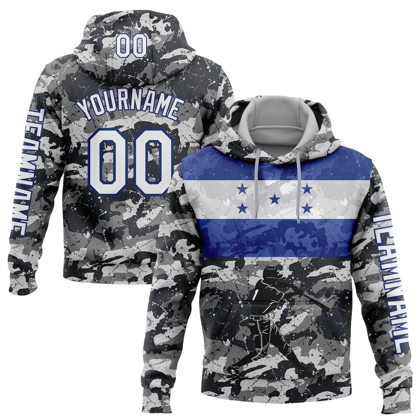 Custom Camo White-Royal 3D Honduras Honduran Flag Sports Pullover Sweatshirt Salute To Service Hoodie - Main View