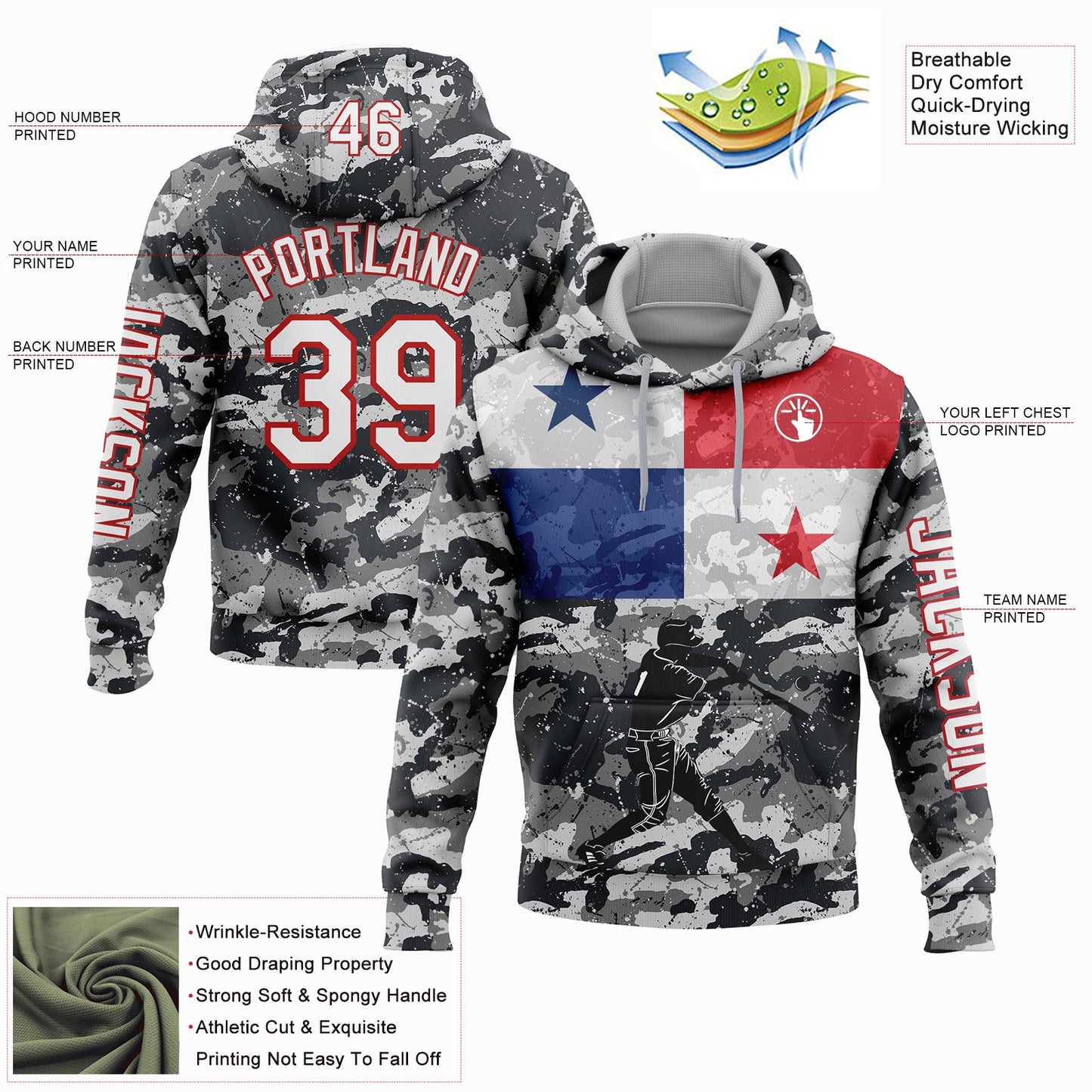 Custom Camo White-Red 3D Panama Panamanian Flag Sports Pullover Sweatshirt Salute To Service Hoodie view 2