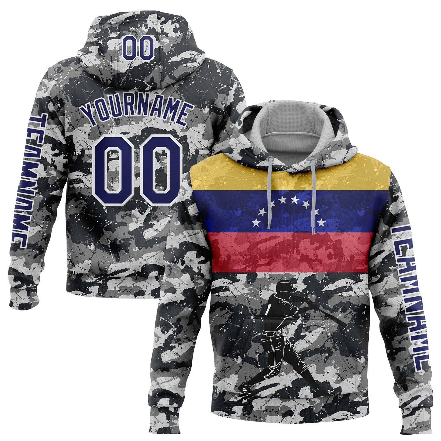 Custom Camo Navy-White 3D Venezuela Venezuelan Flag Sports Pullover Sweatshirt Salute To Service Hoodie - Main View