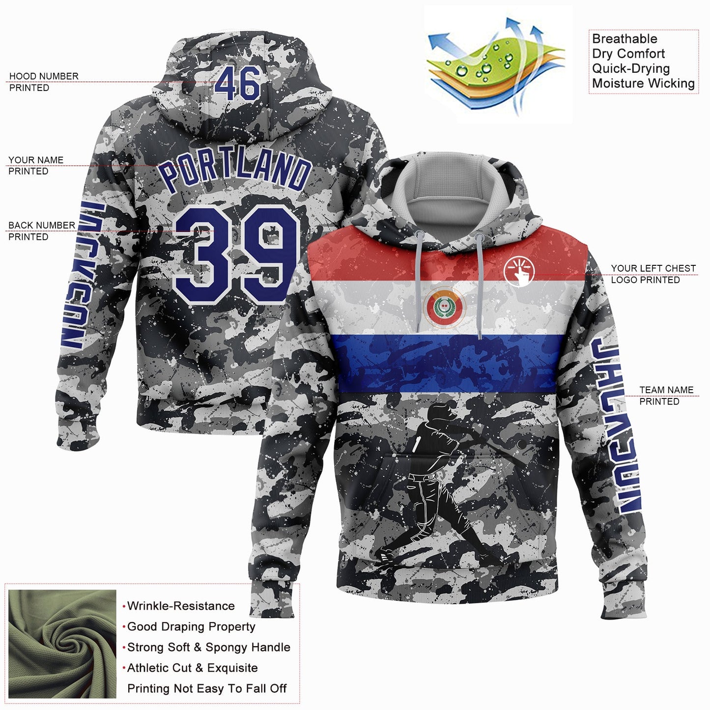 Custom Camo Navy-White 3D Paraguay Paraguayan Flag Sports Pullover Sweatshirt Salute To Service Hoodie view 2