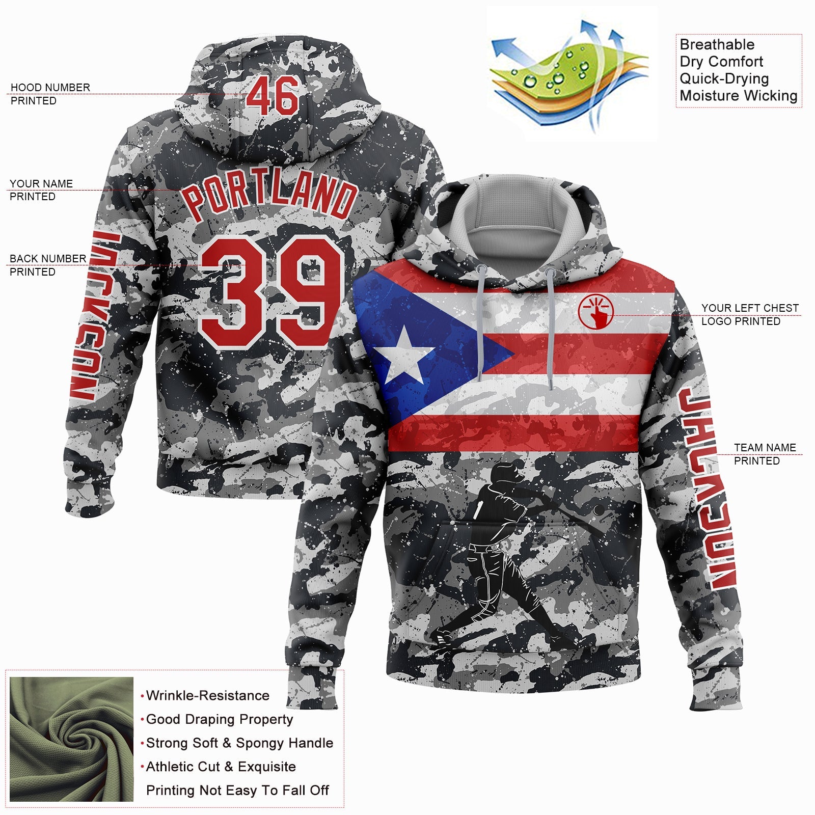 Custom Camo Red-White 3D Puerto Rico Puerto Rican Flag Sports Pullover Sweatshirt Salute To Service Hoodie view 2