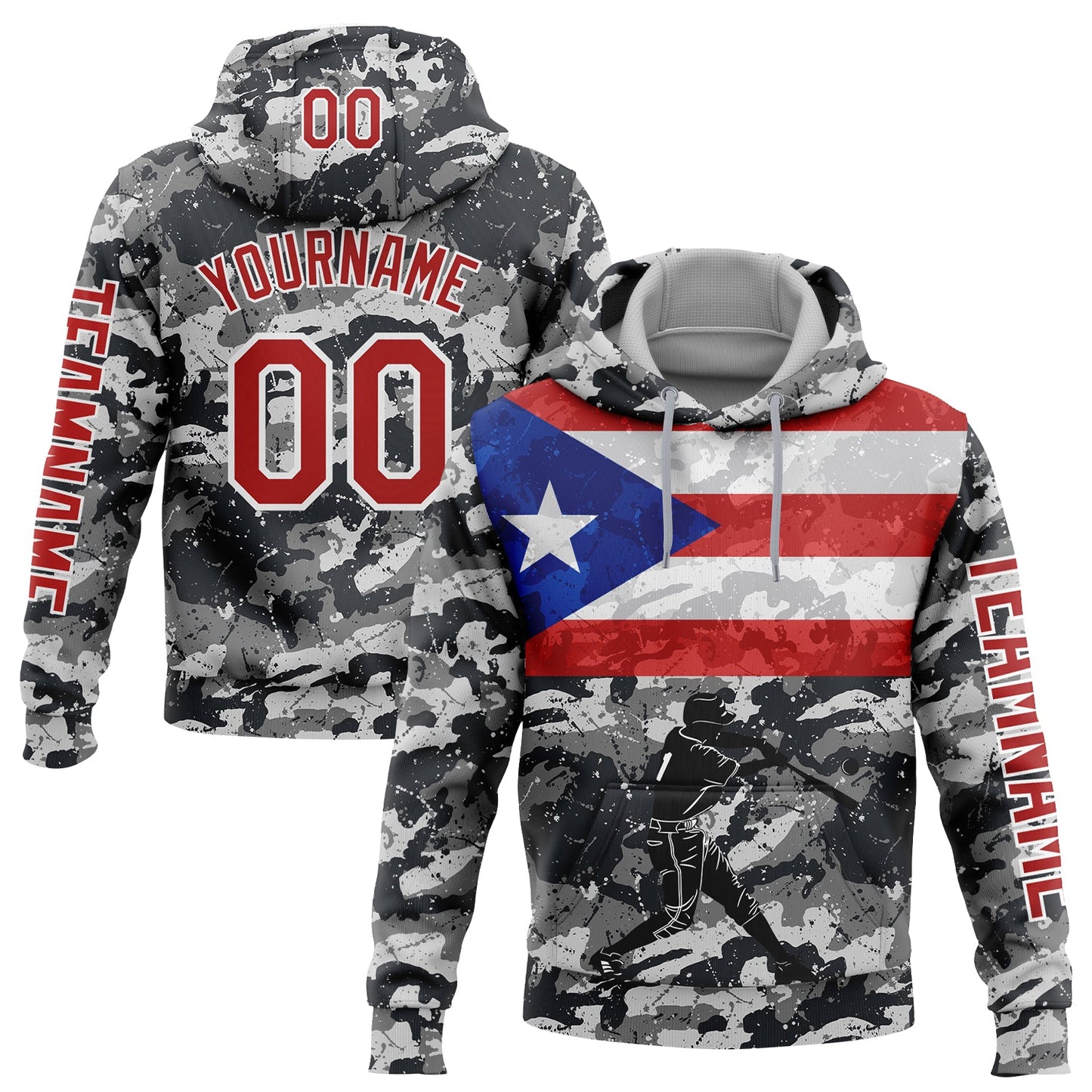 Custom Camo Red-White 3D Puerto Rico Puerto Rican Flag Sports Pullover Sweatshirt Salute To Service Hoodie - Main View