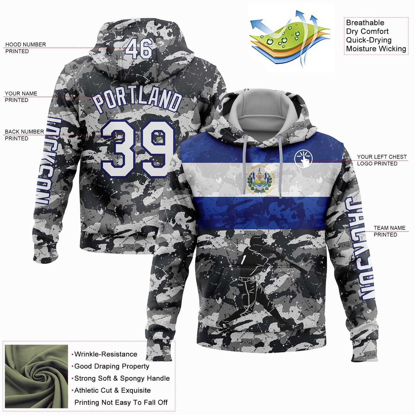 Custom Camo White-Navy 3D El Salvador El Salvadoran Flag Sports Pullover Sweatshirt Salute To Service Hoodie view 2
