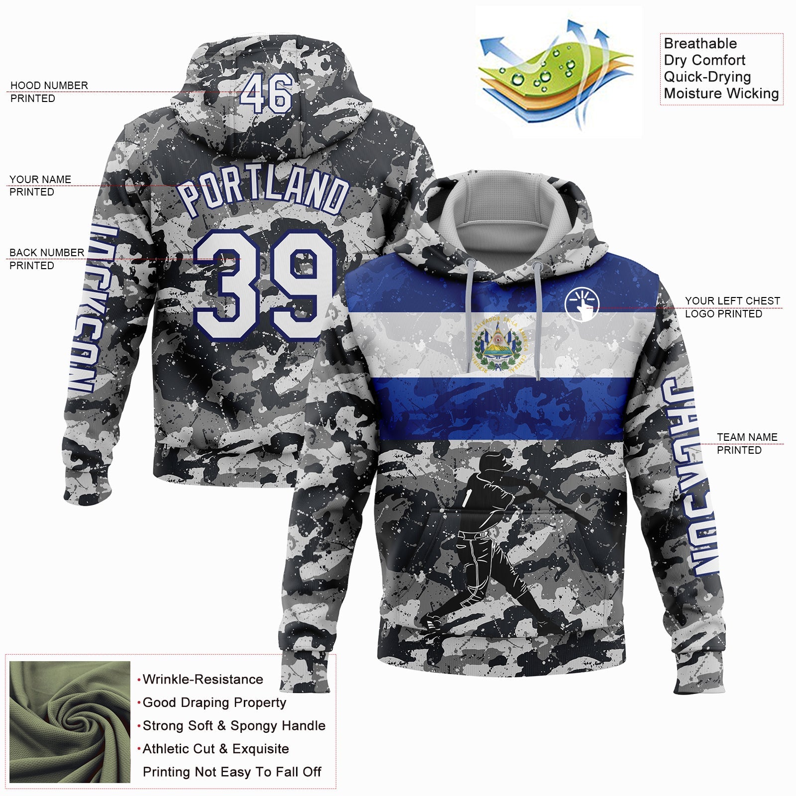Custom Camo White-Navy 3D El Salvador El Salvadoran Flag Sports Pullover Sweatshirt Salute To Service Hoodie view 2