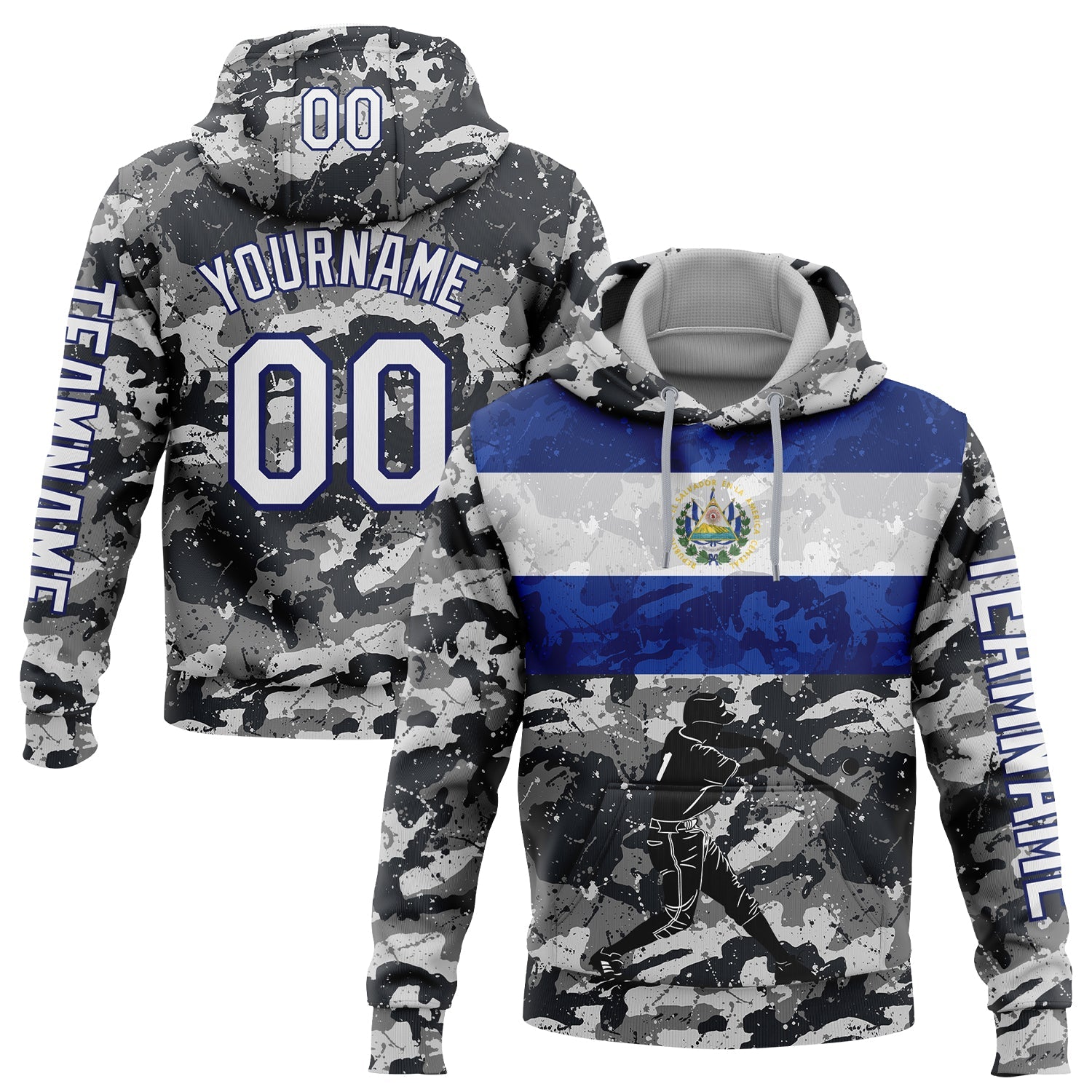 Custom Camo White-Navy 3D El Salvador El Salvadoran Flag Sports Pullover Sweatshirt Salute To Service Hoodie - Main View
