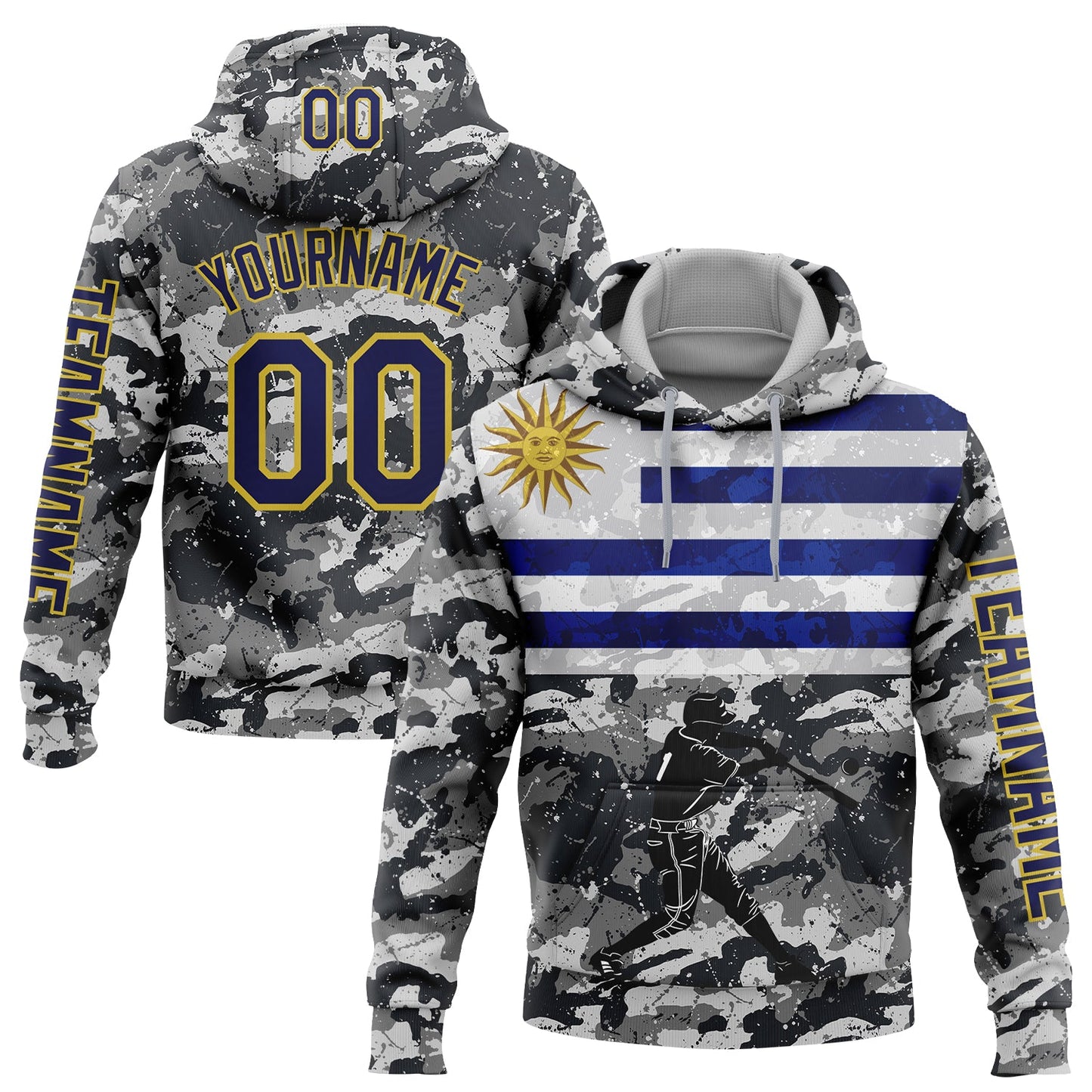 Custom Camo Navy-Yellow 3D Uruguay Uruguayan Flag Sports Pullover Sweatshirt Salute To Service Hoodie - Main View