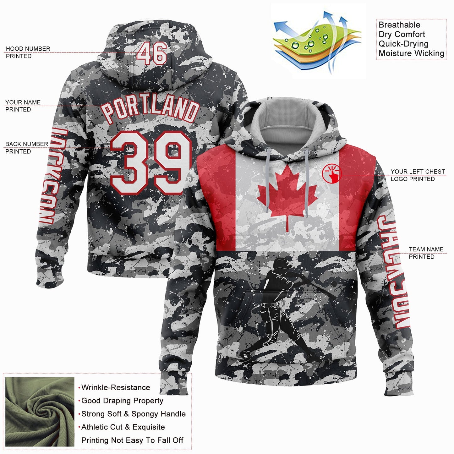 Custom Camo White-Fire Red 3D Canada Canadian Flag Sports Pullover Sweatshirt Salute To Service Hoodie view 2