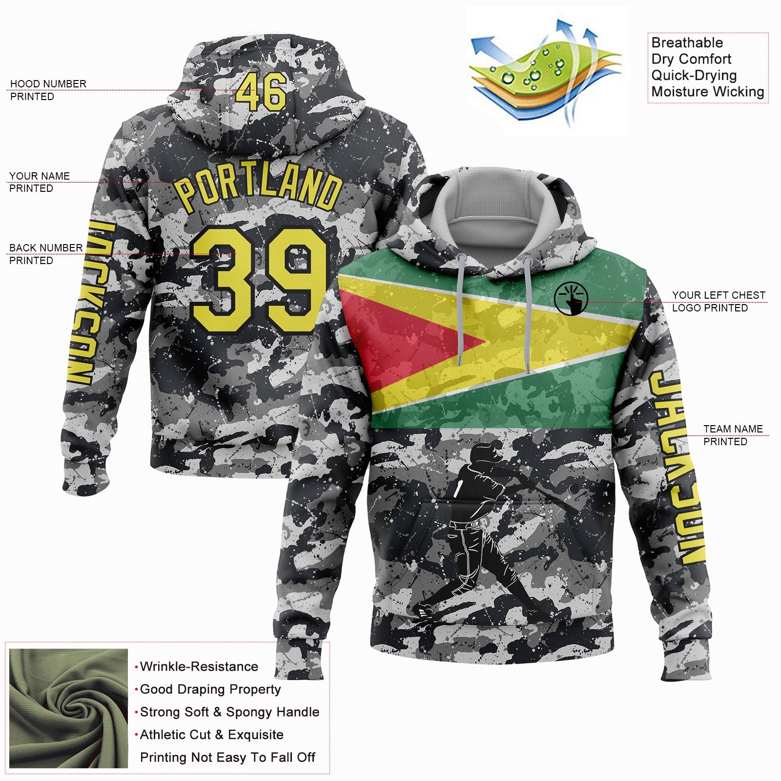 Custom Camo Light Yellow-Black 3D Guyana Flag Sports Pullover Sweatshirt Salute To Service Hoodie view 2