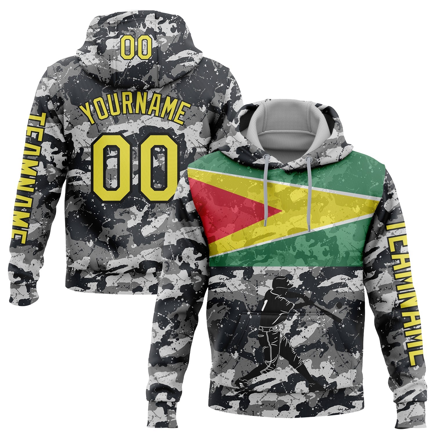 Custom Camo Light Yellow-Black 3D Guyana Flag Sports Pullover Sweatshirt Salute To Service Hoodie - Main View
