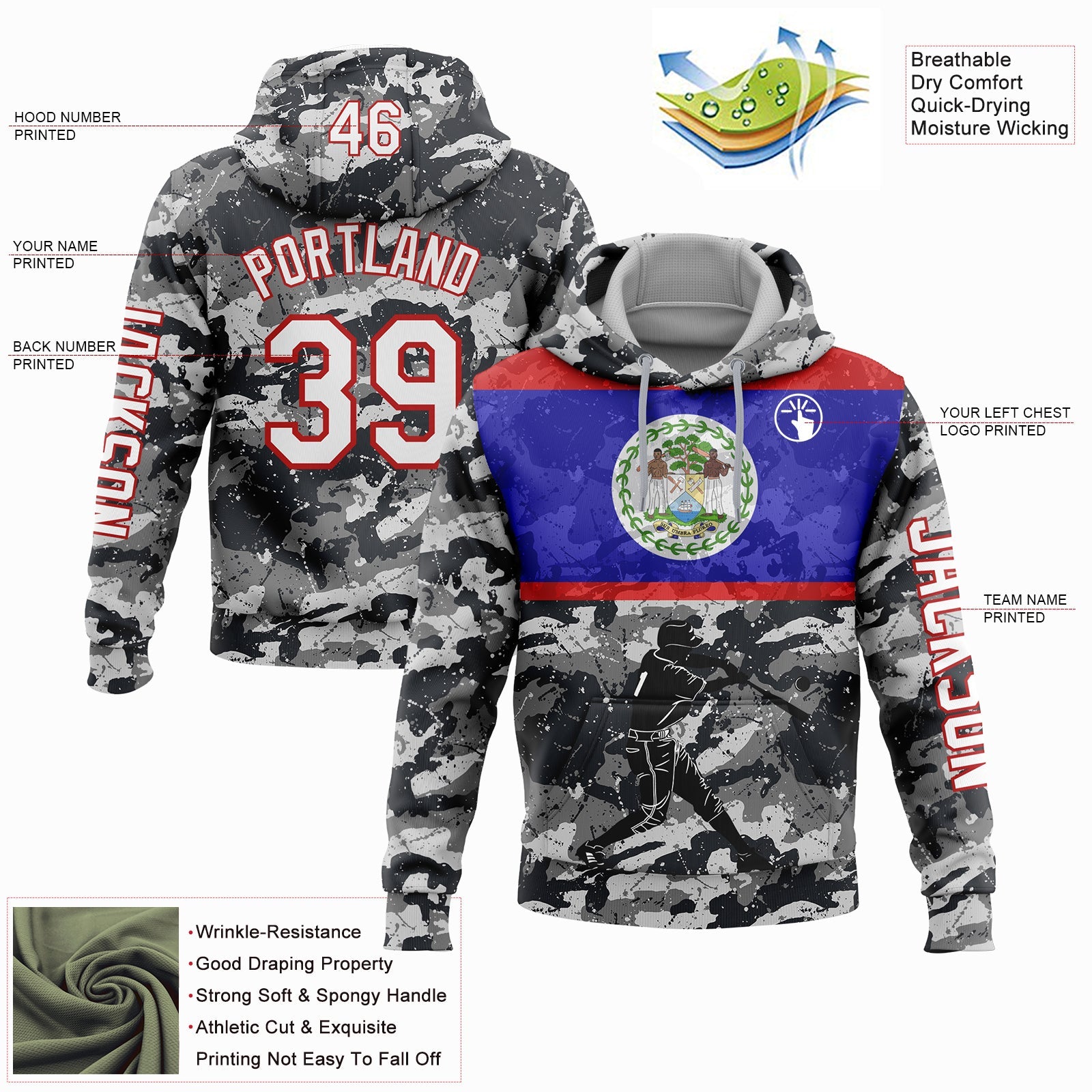 Custom Camo White-Red 3D Belize Belizean Flag Sports Pullover Sweatshirt Salute To Service Hoodie view 2