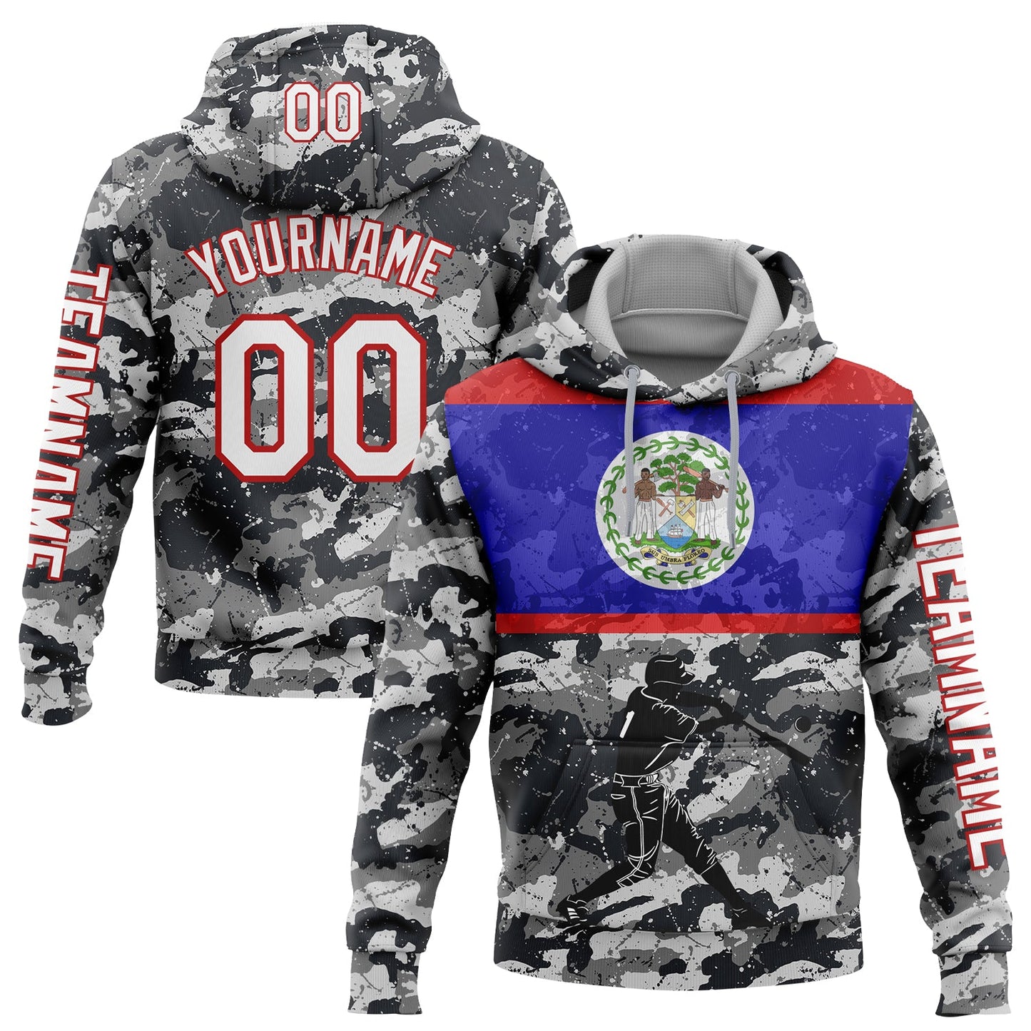 Custom Camo White-Red 3D Belize Belizean Flag Sports Pullover Sweatshirt Salute To Service Hoodie - Main View
