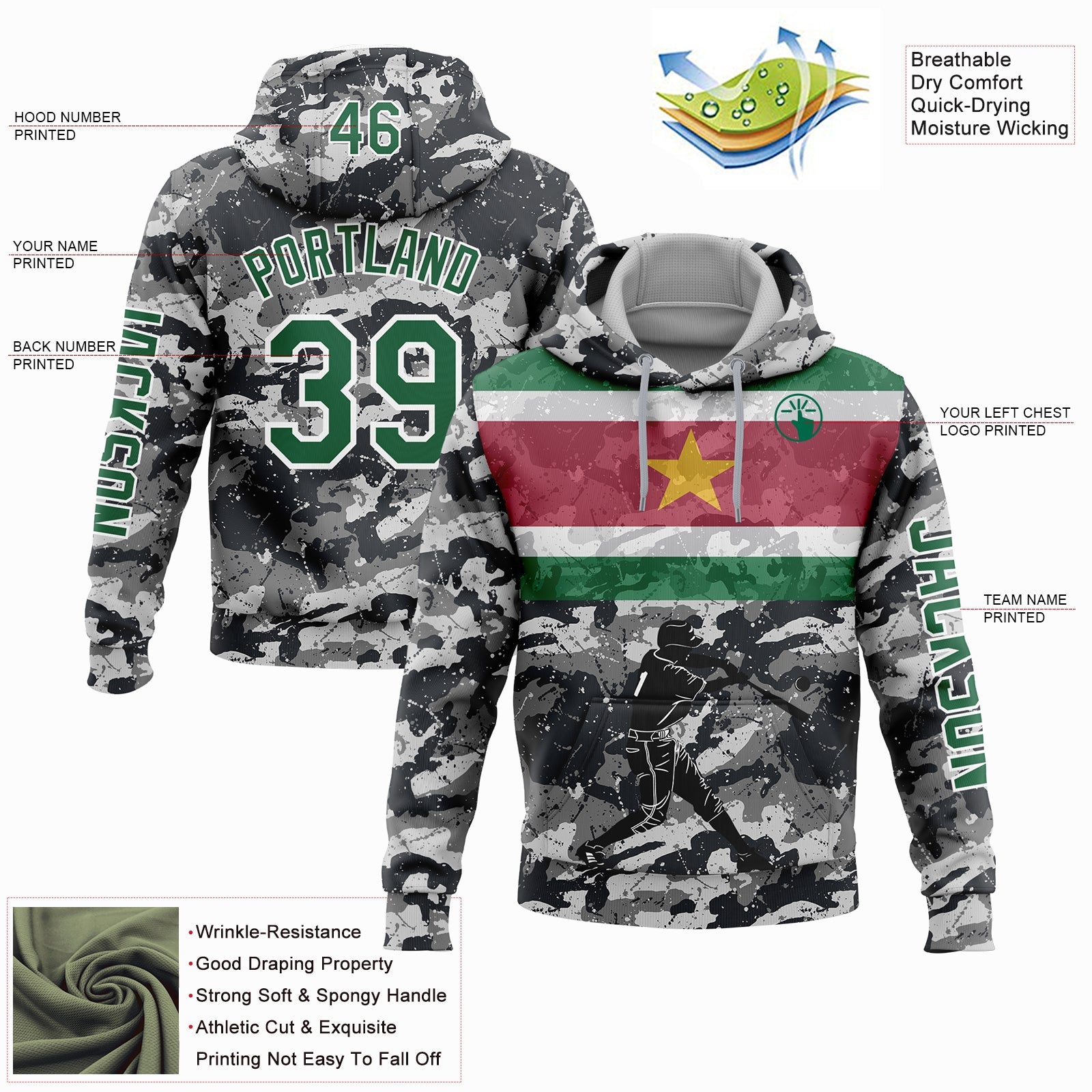 Custom Camo Kelly Green-White 3D Suriname Surinamese Flag Sports Pullover Sweatshirt Salute To Service Hoodie view 2