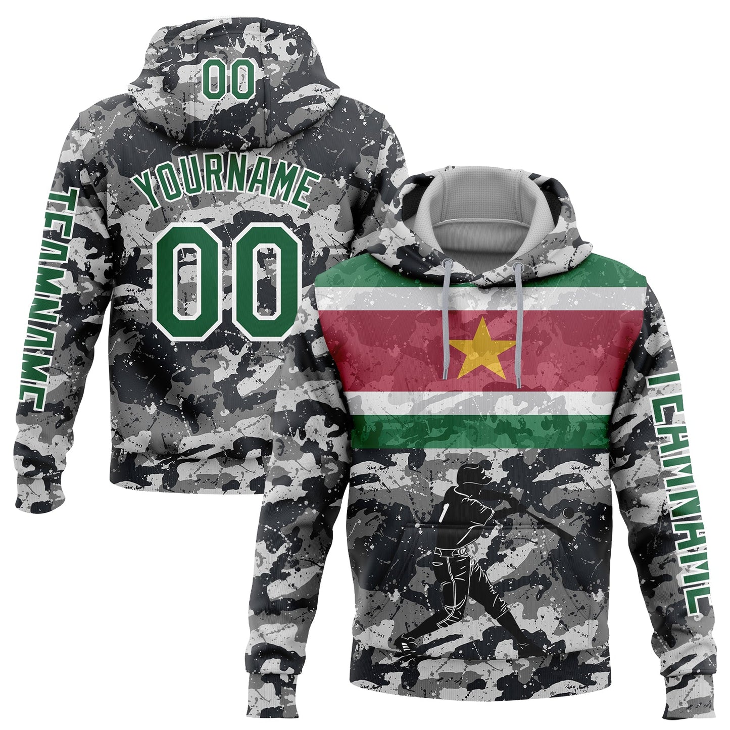 Custom Camo Kelly Green-White 3D Suriname Surinamese Flag Sports Pullover Sweatshirt Salute To Service Hoodie - Main View