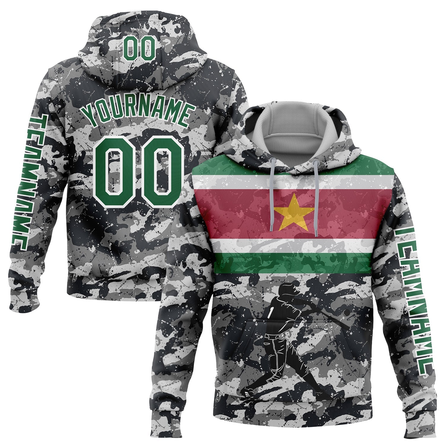 Custom Camo Kelly Green-White 3D Suriname Surinamese Flag Sports Pullover Sweatshirt Salute To Service Hoodie - Main View
