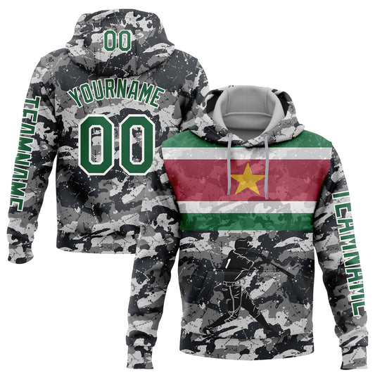 Custom Camo Kelly Green-White 3D Suriname Surinamese Flag Sports Pullover Sweatshirt Salute To Service Hoodie - Main View
