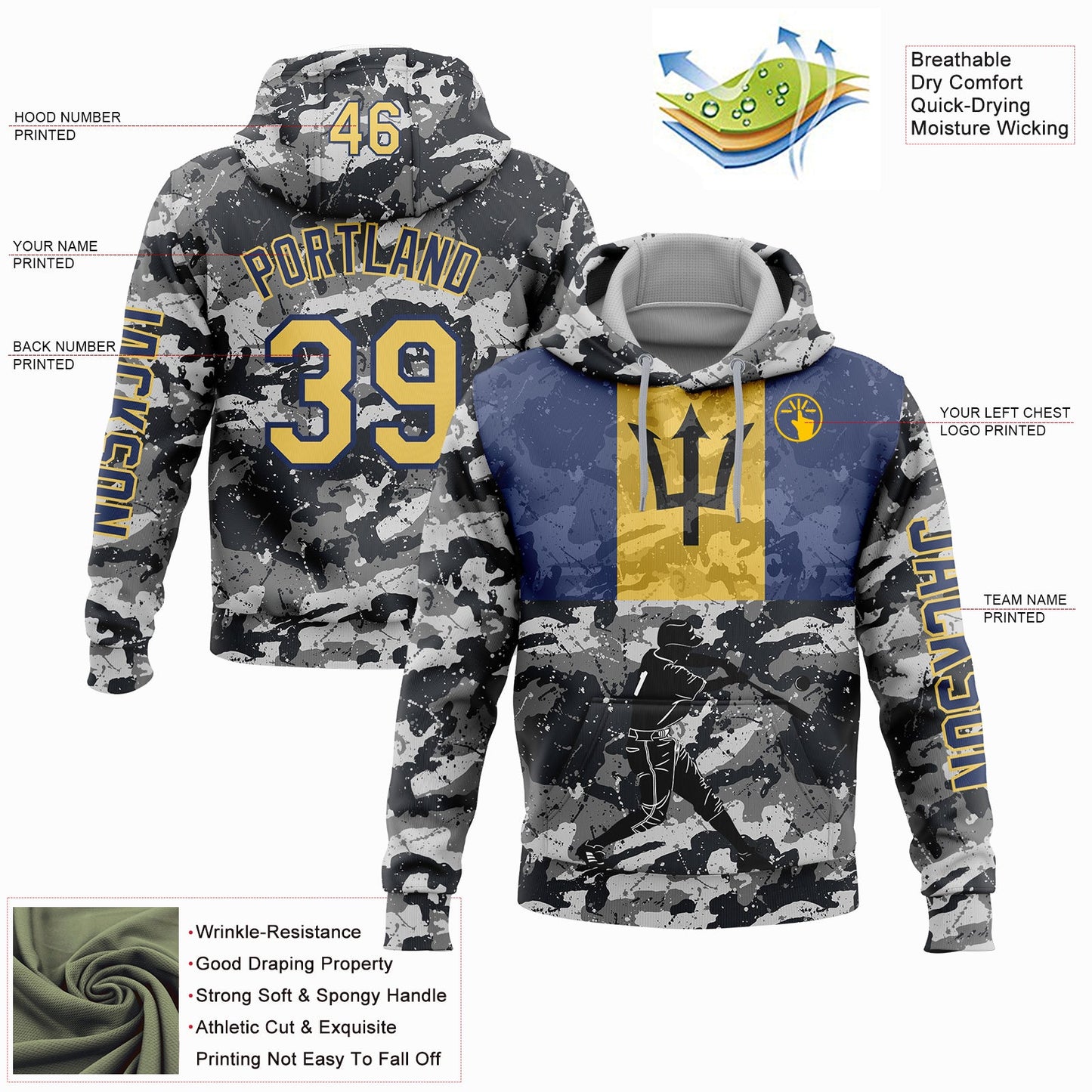 Custom Camo Yellow-Navy 3D Barbados Barbadian Flag Sports Pullover Sweatshirt Salute To Service Hoodie view 2