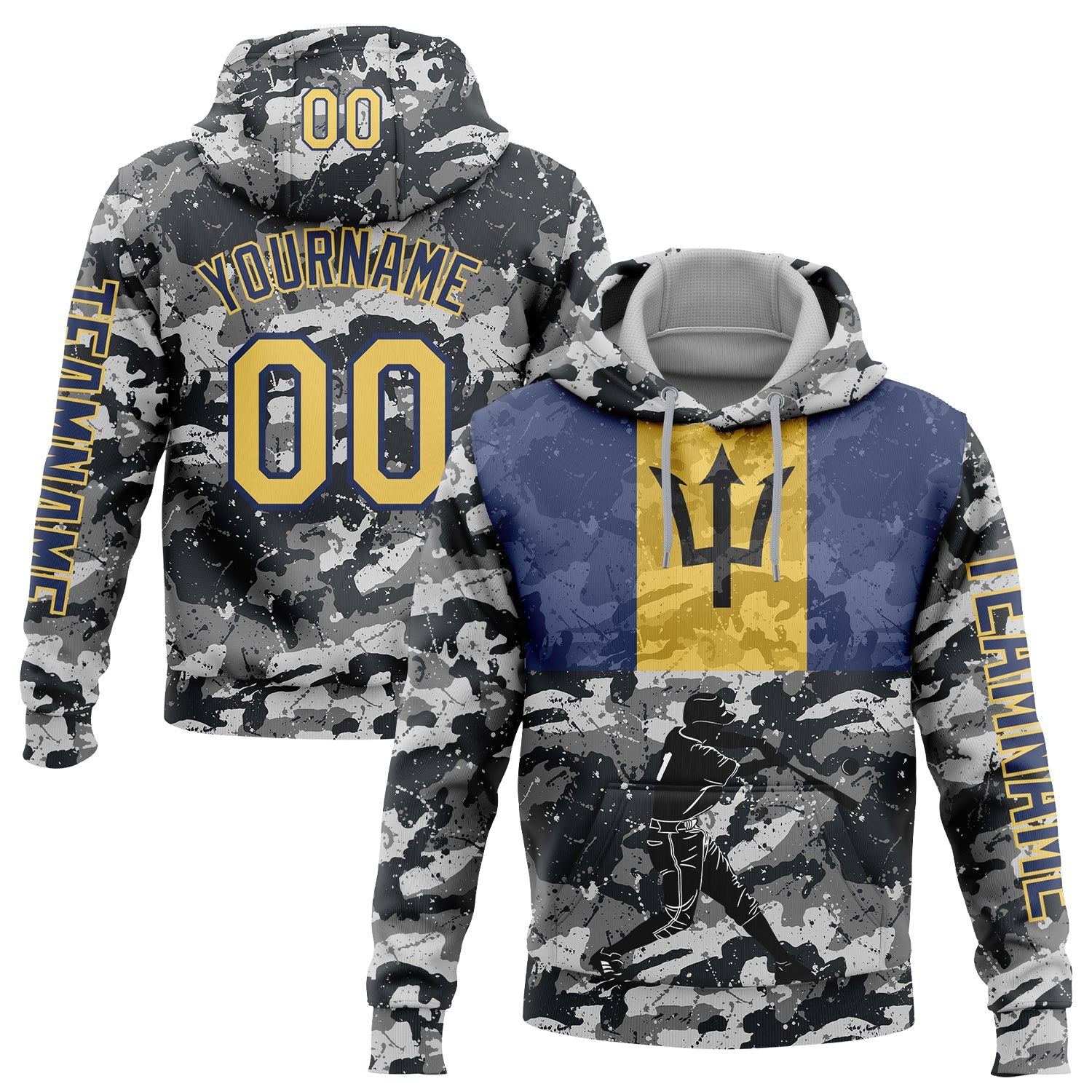 Custom Camo Yellow-Navy 3D Barbados Barbadian Flag Sports Pullover Sweatshirt Salute To Service Hoodie - Main View