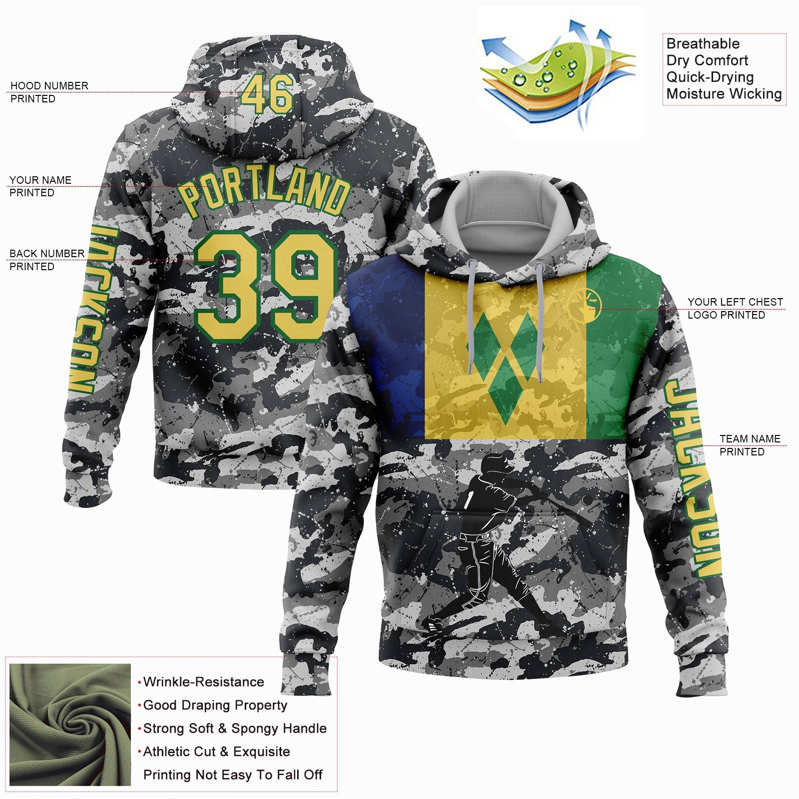 Custom Camo Yellow-Grass Green 3D Saint Vincent And The Grenadines Flag Sports Pullover Sweatshirt Salute To Service Hoodie view 2