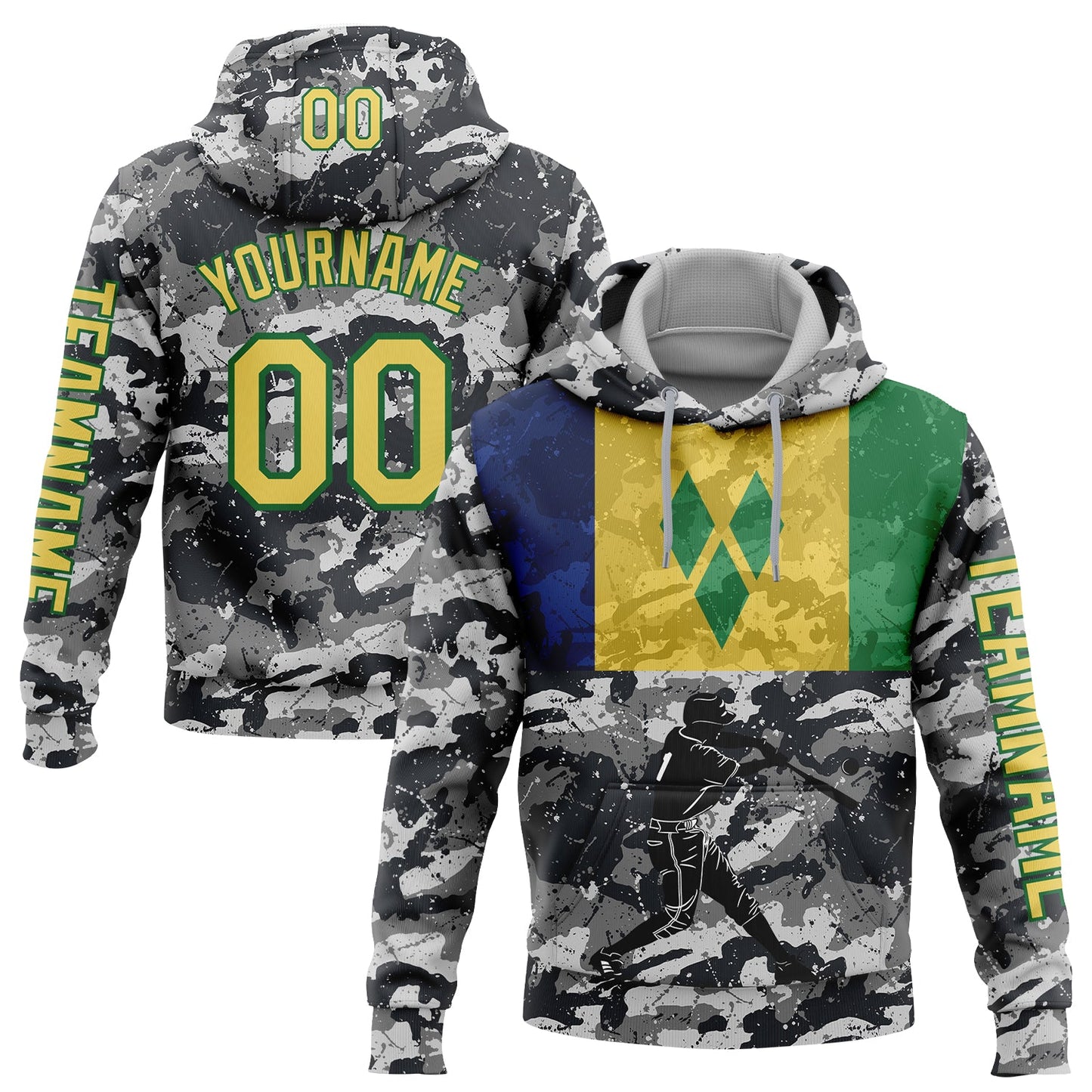 Custom Camo Yellow-Grass Green 3D Saint Vincent And The Grenadines Flag Sports Pullover Sweatshirt Salute To Service Hoodie - Main View