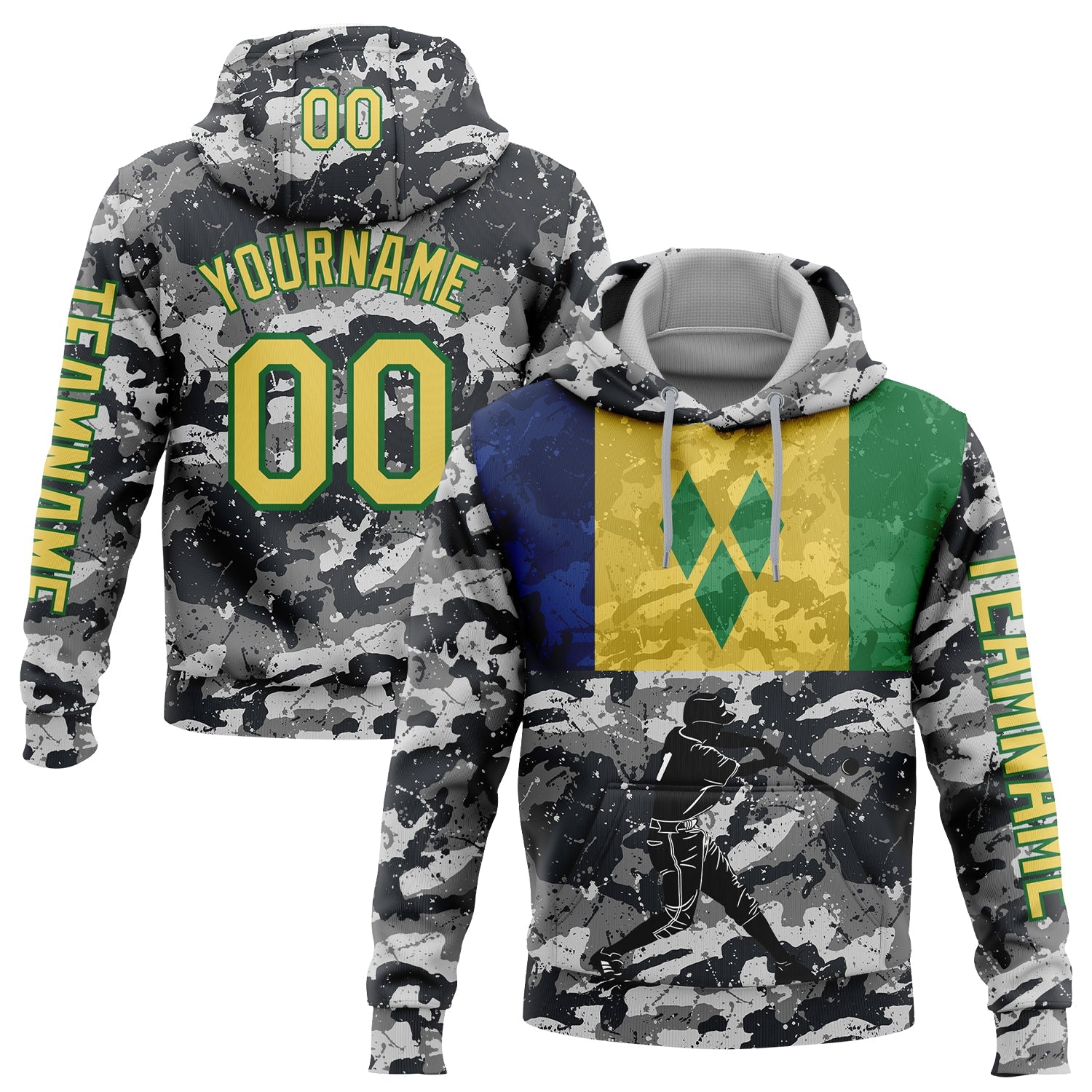 Custom Camo Yellow-Grass Green 3D Saint Vincent And The Grenadines Flag Sports Pullover Sweatshirt Salute To Service Hoodie - Main View
