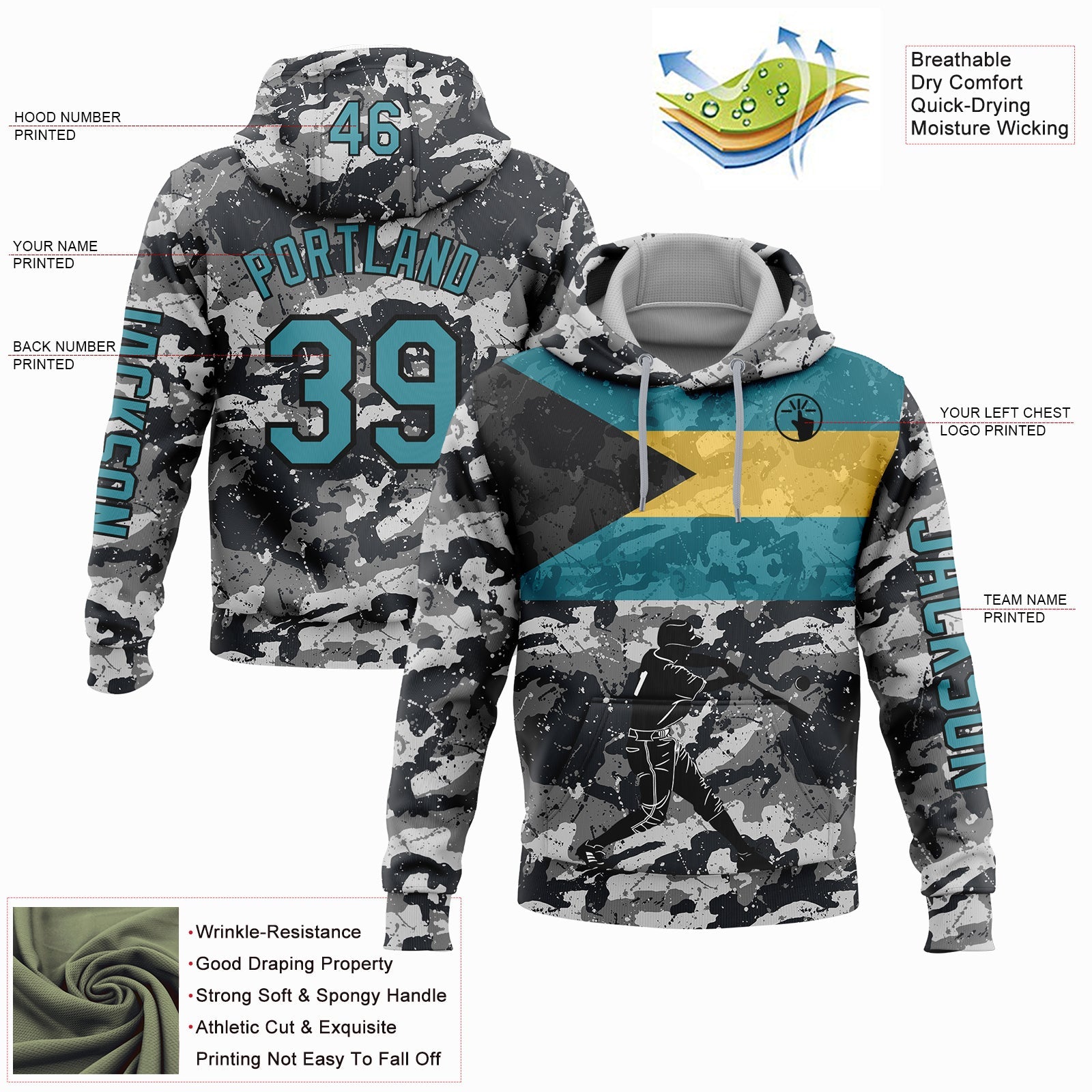 Custom Camo Teal-Black 3D Bahamas Bahamian Flag Sports Pullover Sweatshirt Salute To Service Hoodie view 2