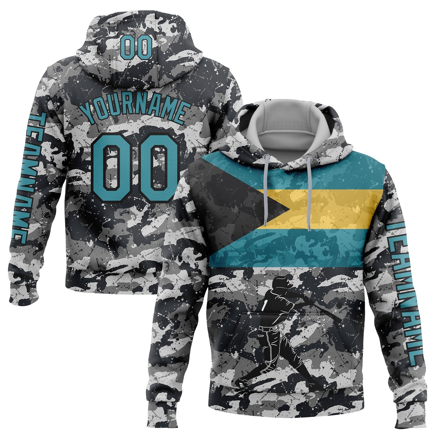 Custom Camo Teal-Black 3D Bahamas Bahamian Flag Sports Pullover Sweatshirt Salute To Service Hoodie - Main View