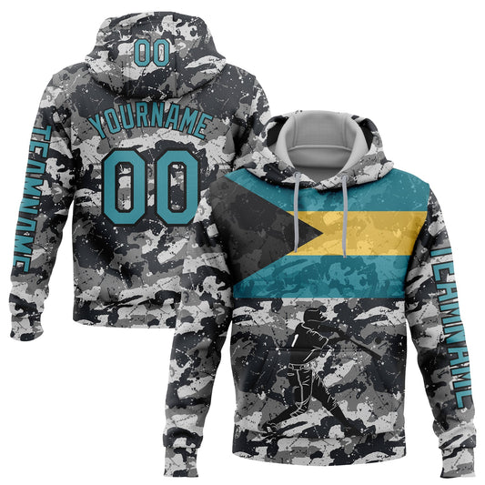 Custom Camo Teal-Black 3D Bahamas Bahamian Flag Sports Pullover Sweatshirt Salute To Service Hoodie - Main View