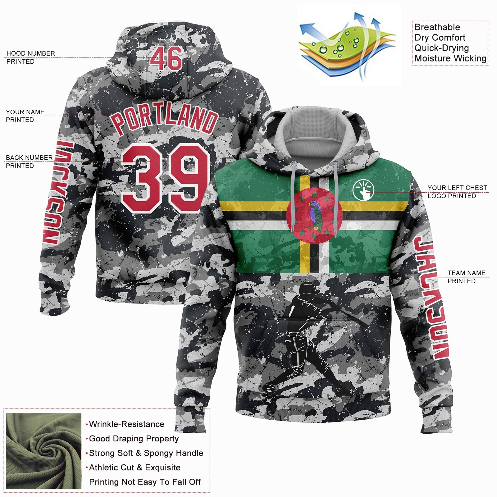 Custom Camo Red-White 3D Dominica Dominican Flag Sports Pullover Sweatshirt Salute To Service Hoodie view 2
