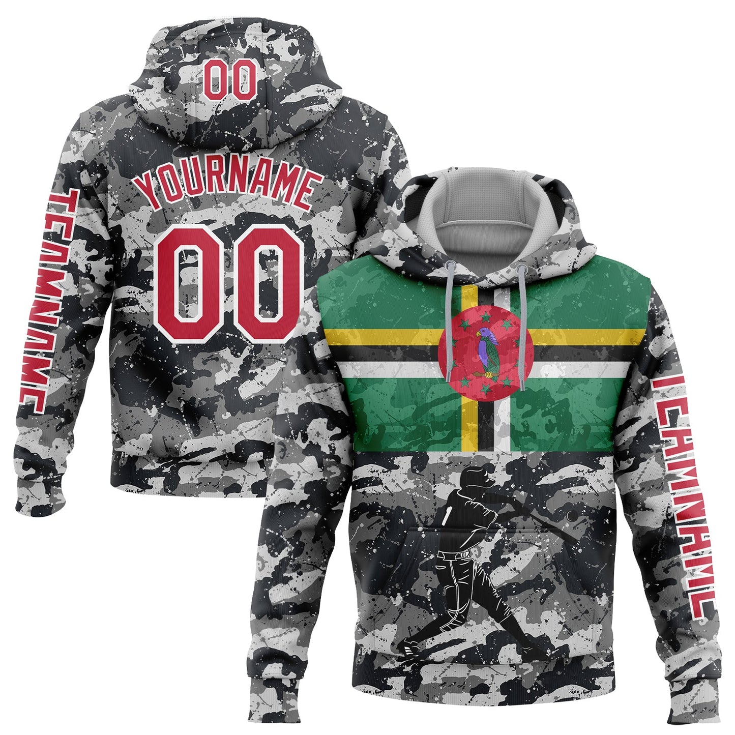 Custom Camo Red-White 3D Dominica Dominican Flag Sports Pullover Sweatshirt Salute To Service Hoodie - Main View