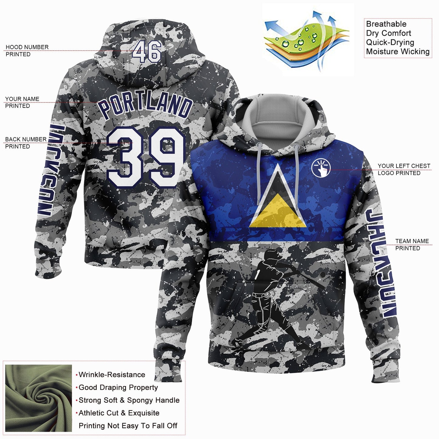 Custom Camo White-Navy 3D Saint Lucia Saint Lucian Flag Sports Pullover Sweatshirt Salute To Service Hoodie view 2