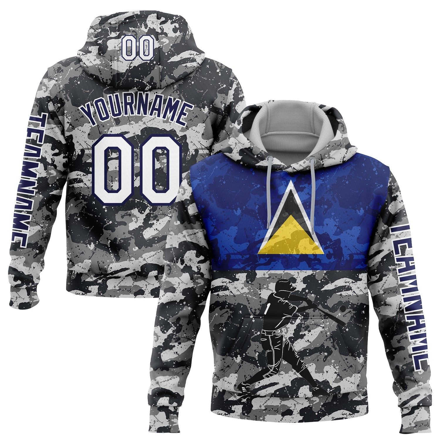 Custom Camo White-Navy 3D Saint Lucia Saint Lucian Flag Sports Pullover Sweatshirt Salute To Service Hoodie - Main View
