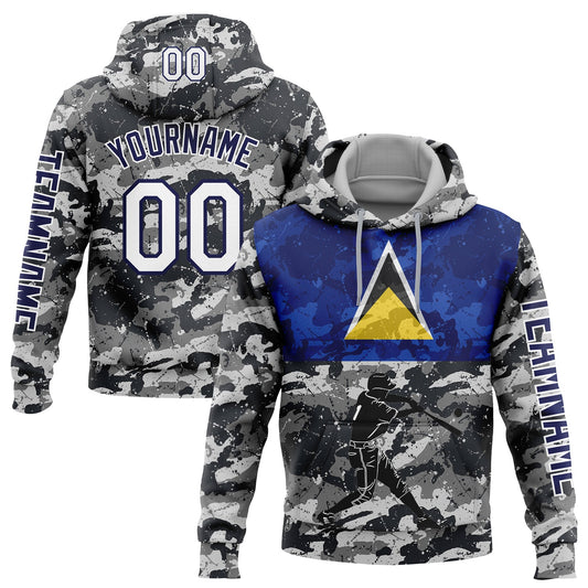 Custom Camo White-Navy 3D Saint Lucia Saint Lucian Flag Sports Pullover Sweatshirt Salute To Service Hoodie - Main View