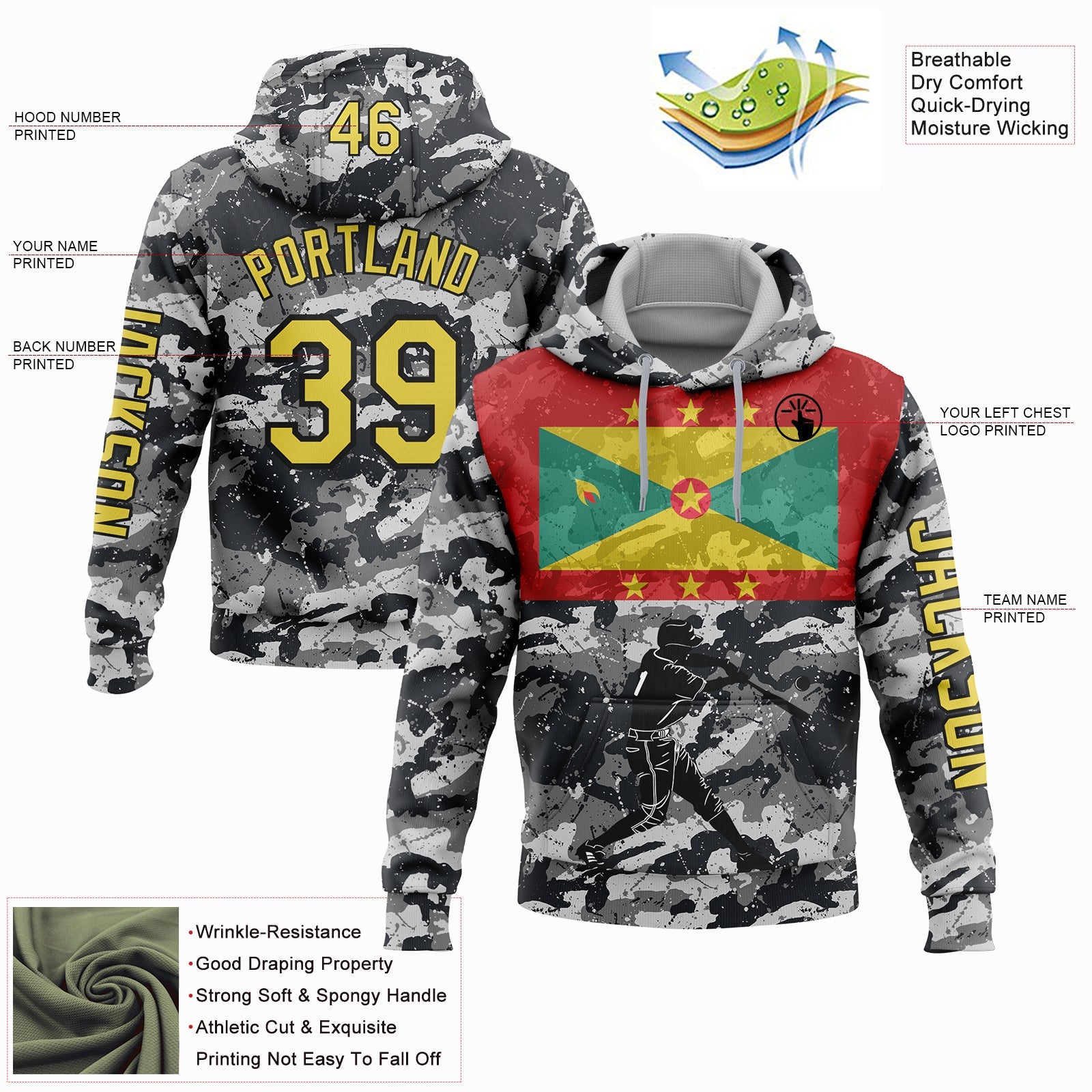 Custom Camo Yellow-Black 3D Grenada Grenadian Flag Sports Pullover Sweatshirt Salute To Service Hoodie view 2