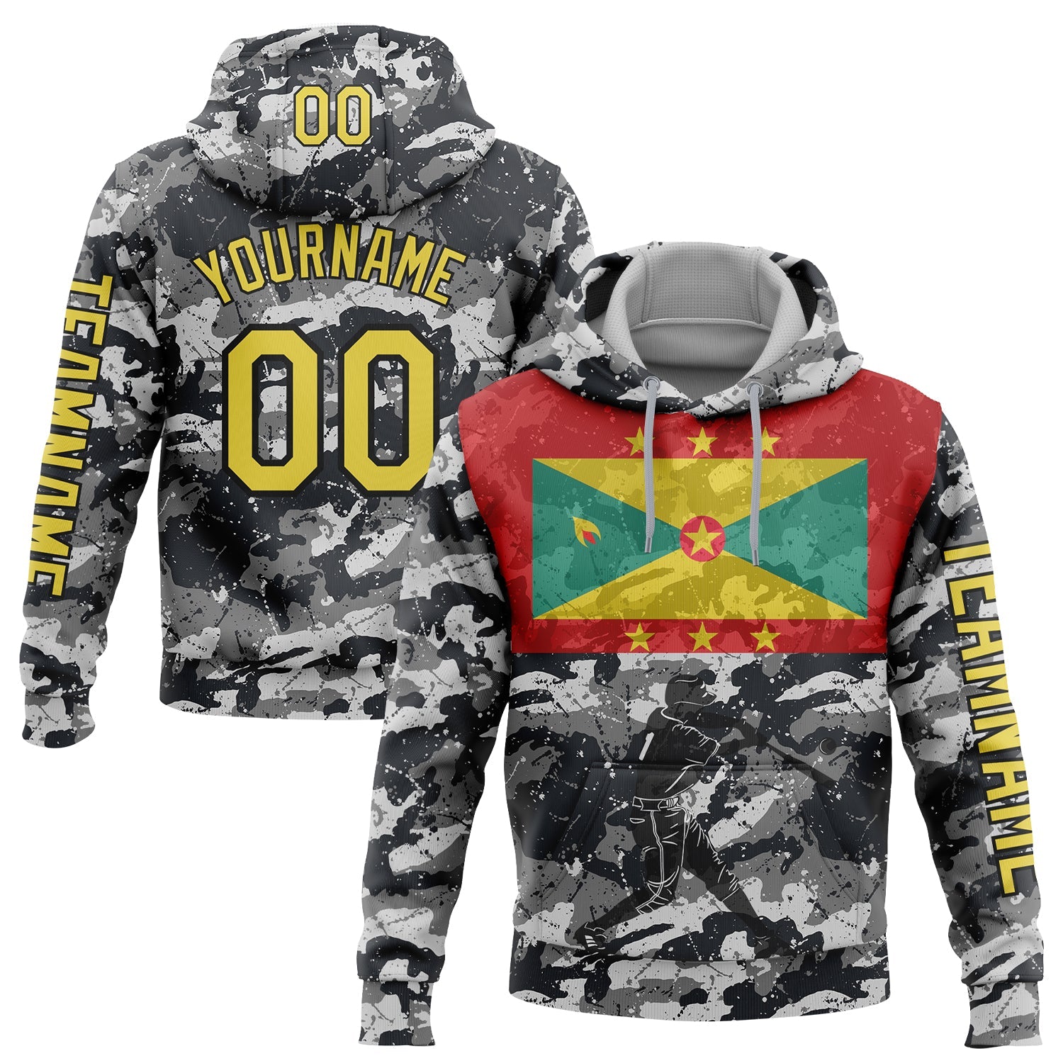 Custom Camo Yellow-Black 3D Grenada Grenadian Flag Sports Pullover Sweatshirt Salute To Service Hoodie - Main View