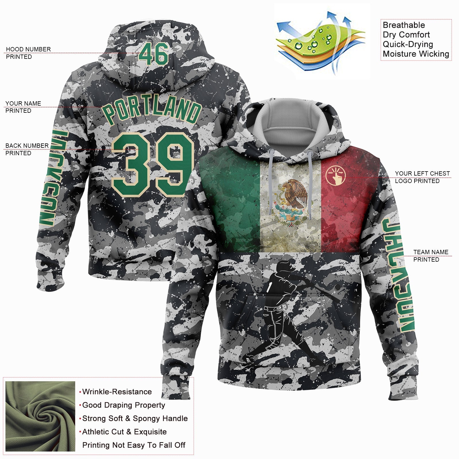 Custom Camo Kelly Green-Cream 3D Mexico Vintage Mexican Flag Sports Pullover Sweatshirt Salute To Service Hoodie view 2