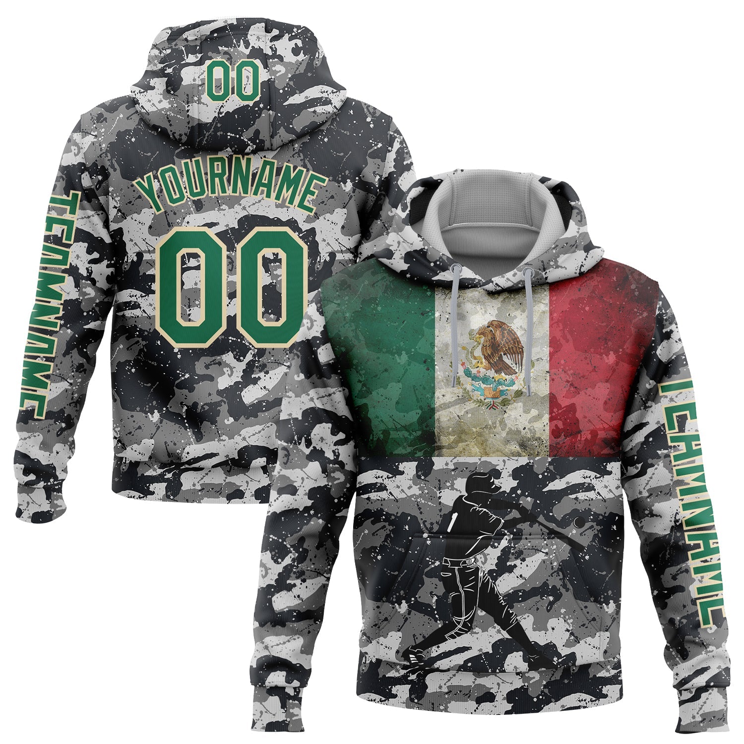 Custom Camo Kelly Green-Cream 3D Mexico Vintage Mexican Flag Sports Pullover Sweatshirt Salute To Service Hoodie - Main View