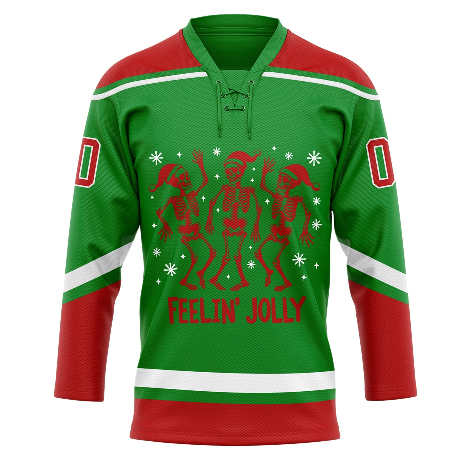 Custom Grass Green Red-White Funny Christmas 3D Hockey Lace Neck Jersey view 2