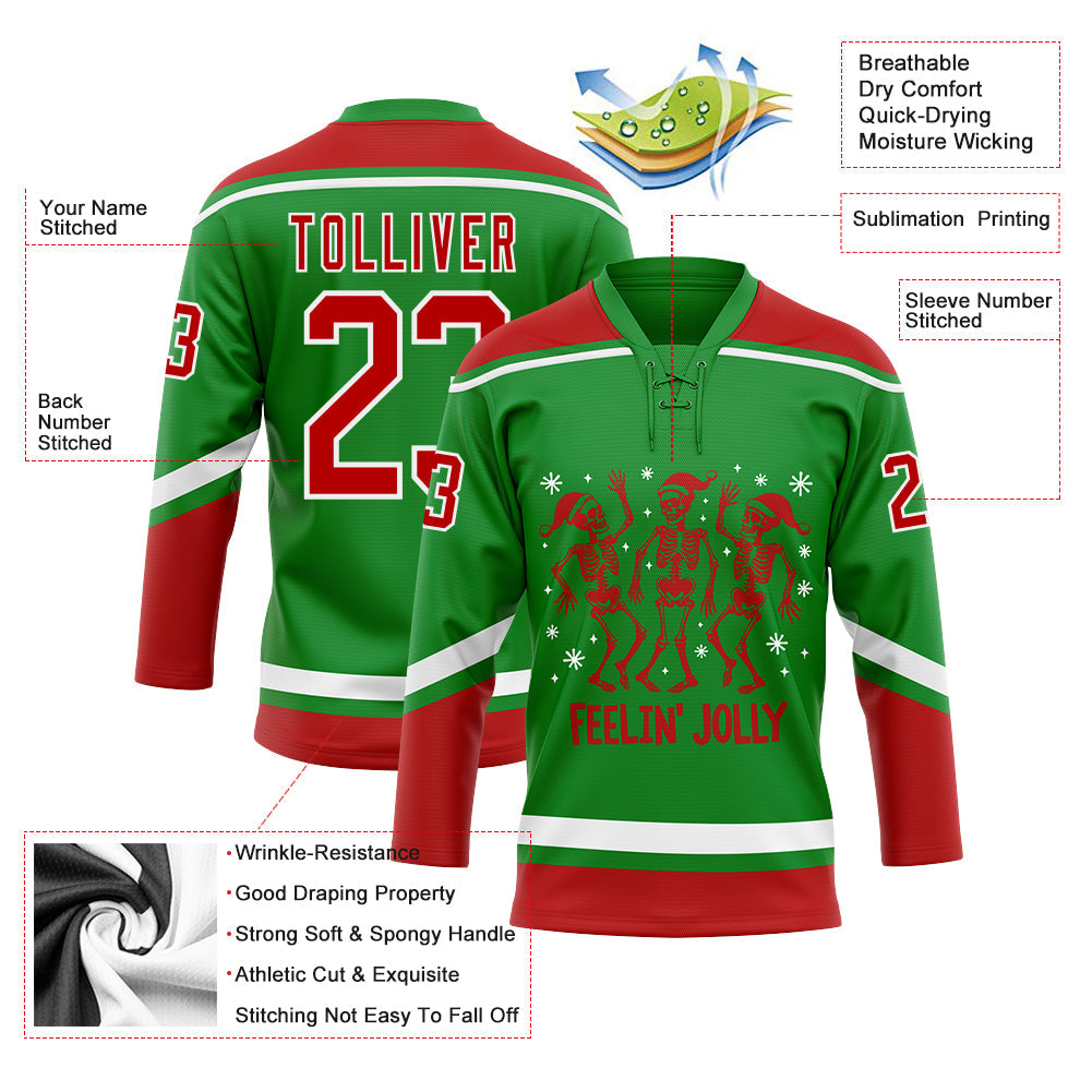 Custom Grass Green Red-White Funny Christmas 3D Hockey Lace Neck Jersey view 3