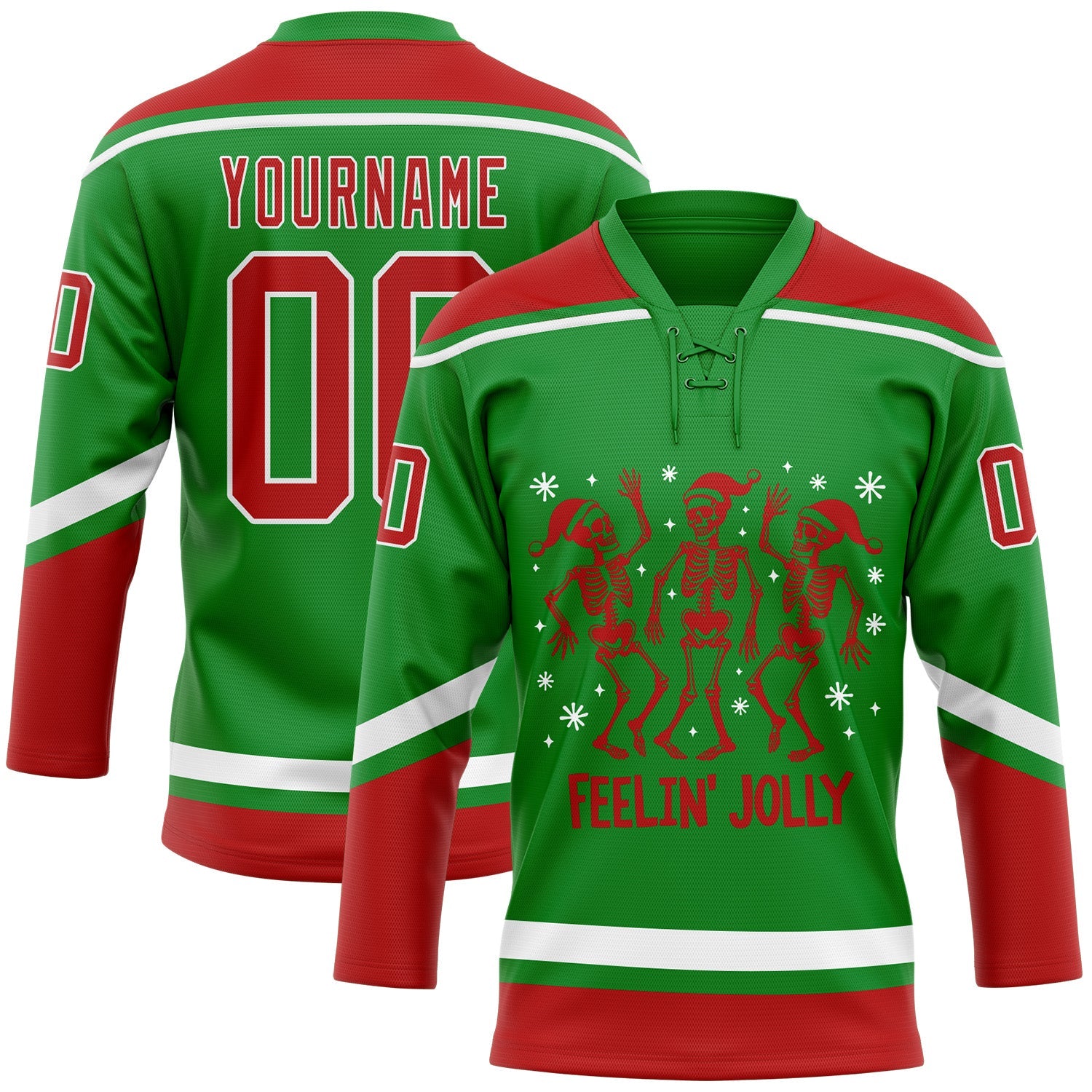 Custom Grass Green Red-White Funny Christmas 3D Hockey Lace Neck Jersey - Main View