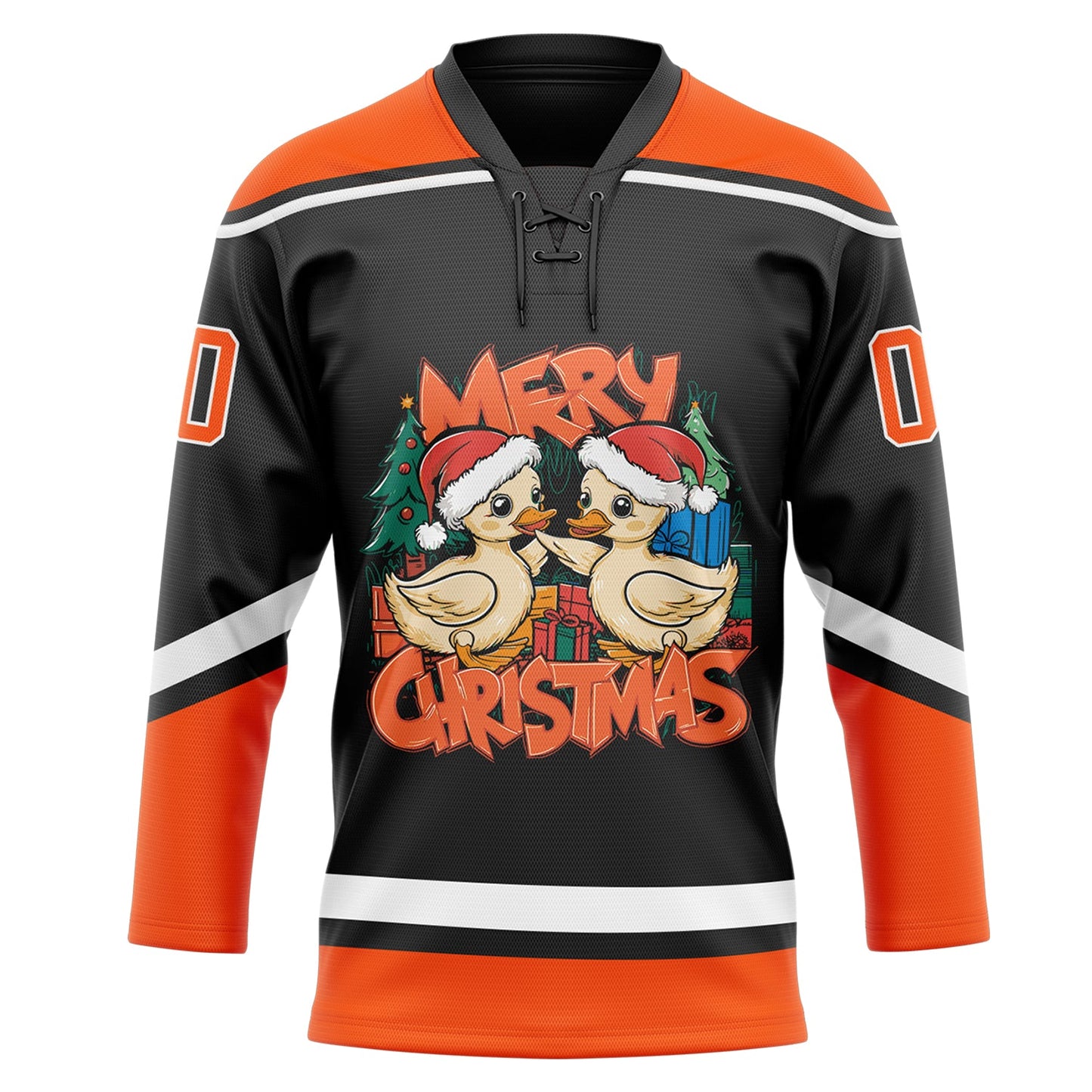 Custom Black Orange-White Funny Christmas 3D Hockey Lace Neck Jersey view 2