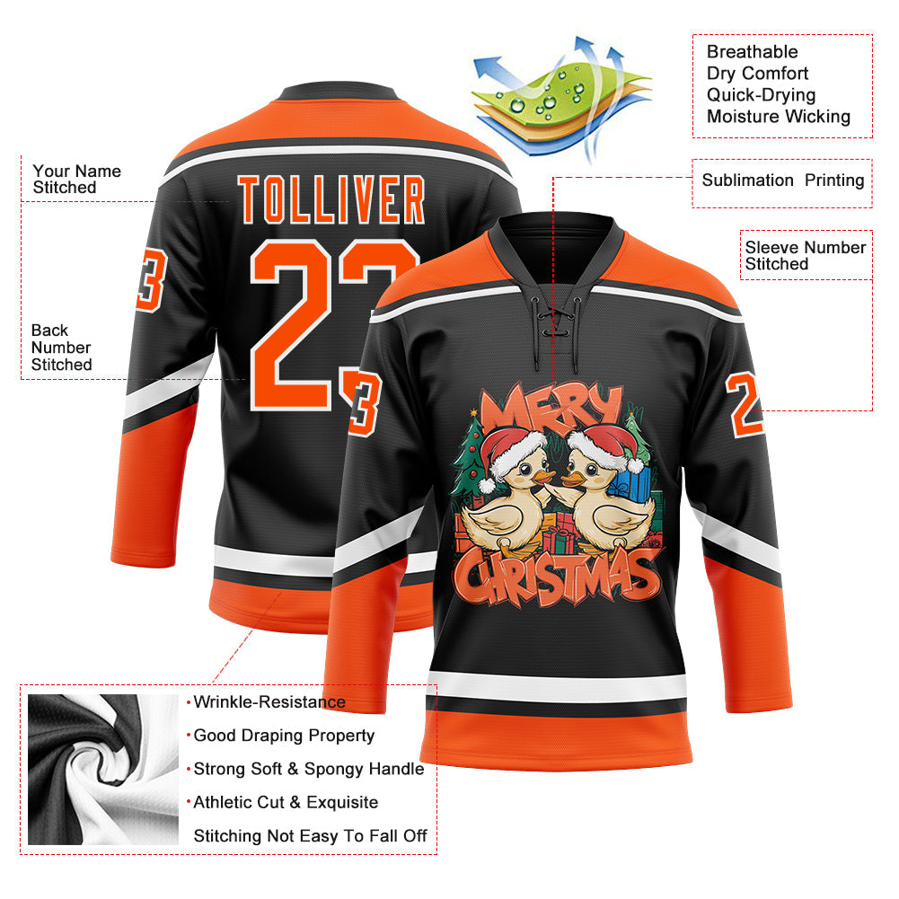 Custom Black Orange-White Funny Christmas 3D Hockey Lace Neck Jersey view 3