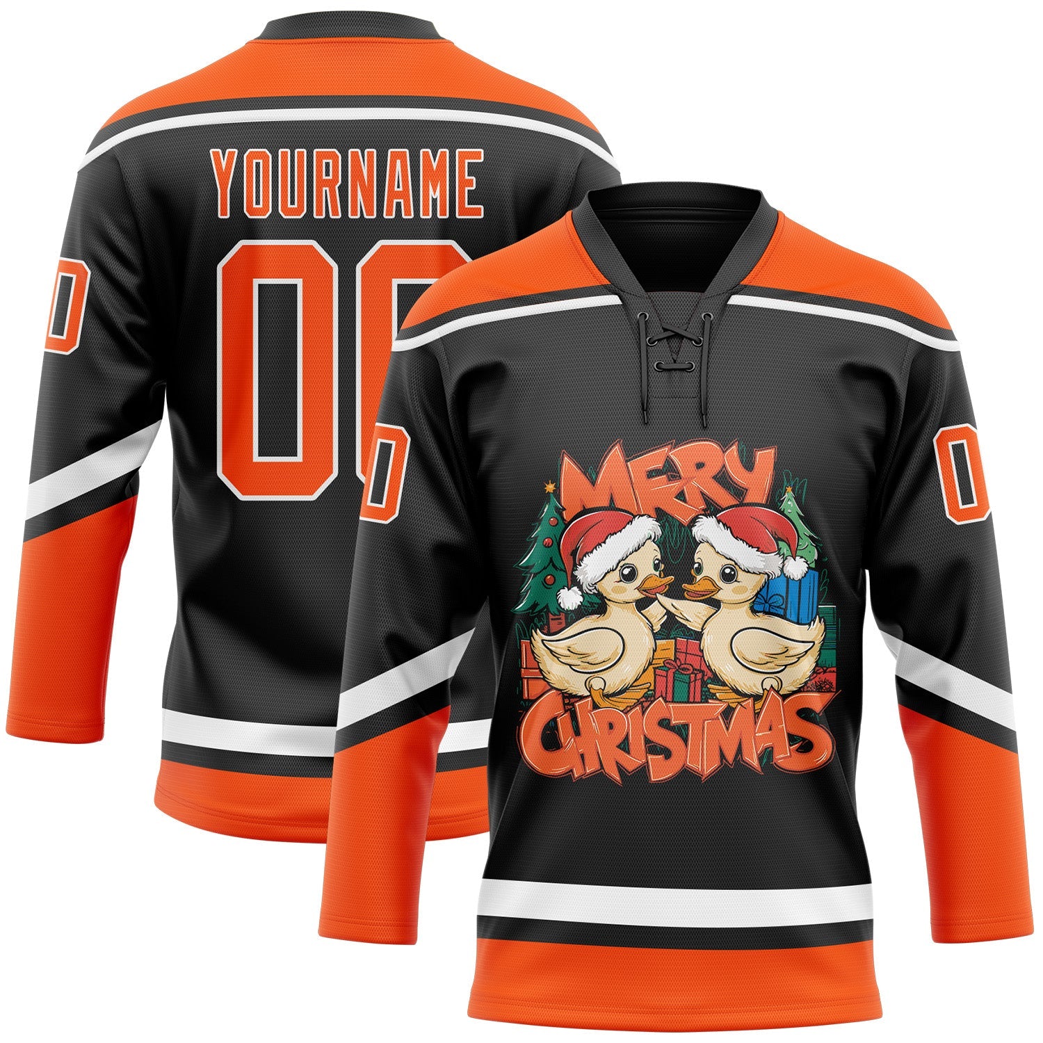 Custom Black Orange-White Funny Christmas 3D Hockey Lace Neck Jersey - Main View
