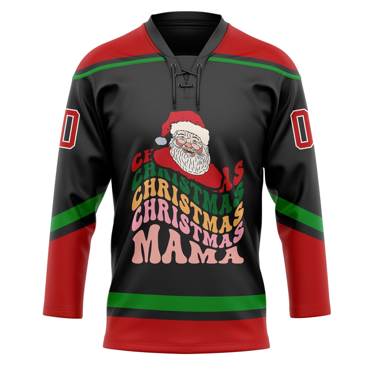 Custom Black Red-Grass Green Funny Christmas 3D Hockey Lace Neck Jersey view 2