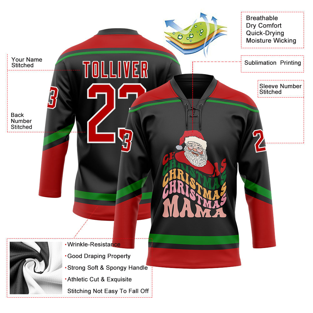 Custom Black Red-Grass Green Funny Christmas 3D Hockey Lace Neck Jersey view 3