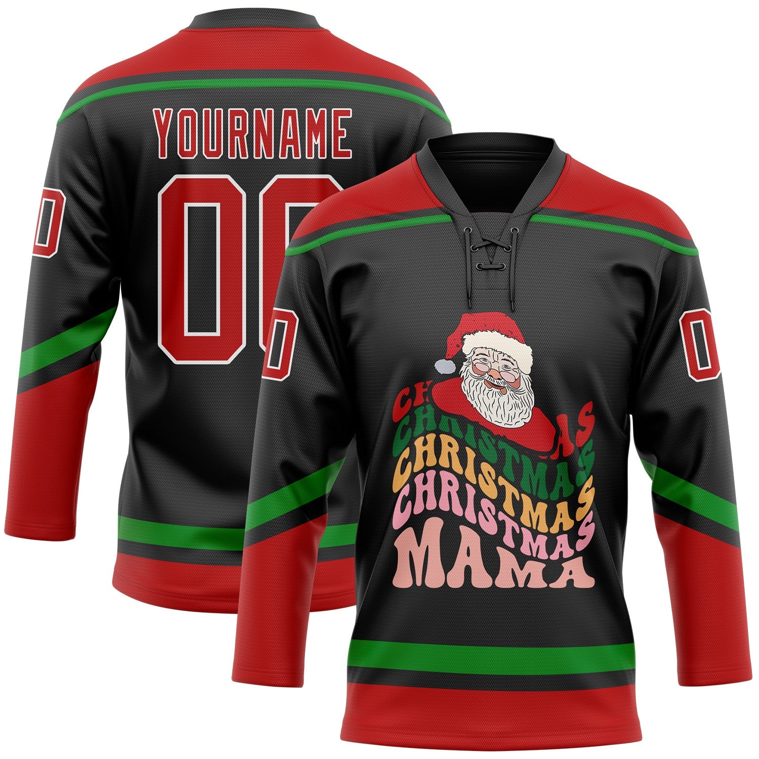 Custom Black Red-Grass Green Funny Christmas 3D Hockey Lace Neck Jersey - Main View