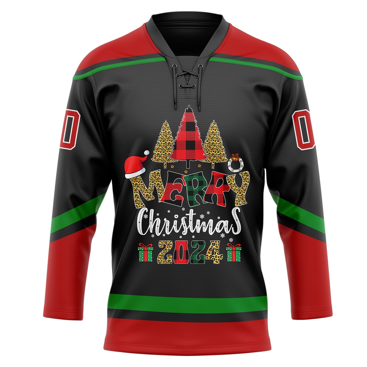 Custom Black Red-Grass Green Funny Christmas 3D Hockey Lace Neck Jersey view 2