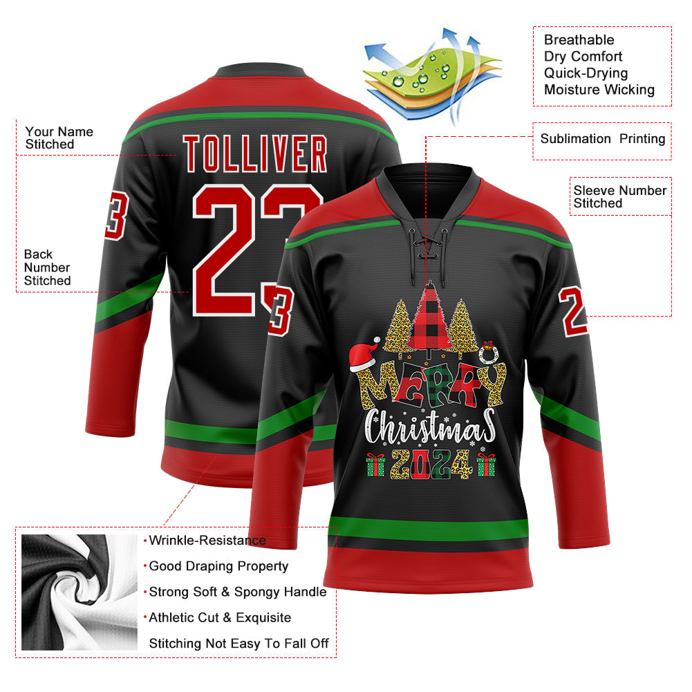 Custom Black Red-Grass Green Funny Christmas 3D Hockey Lace Neck Jersey view 3