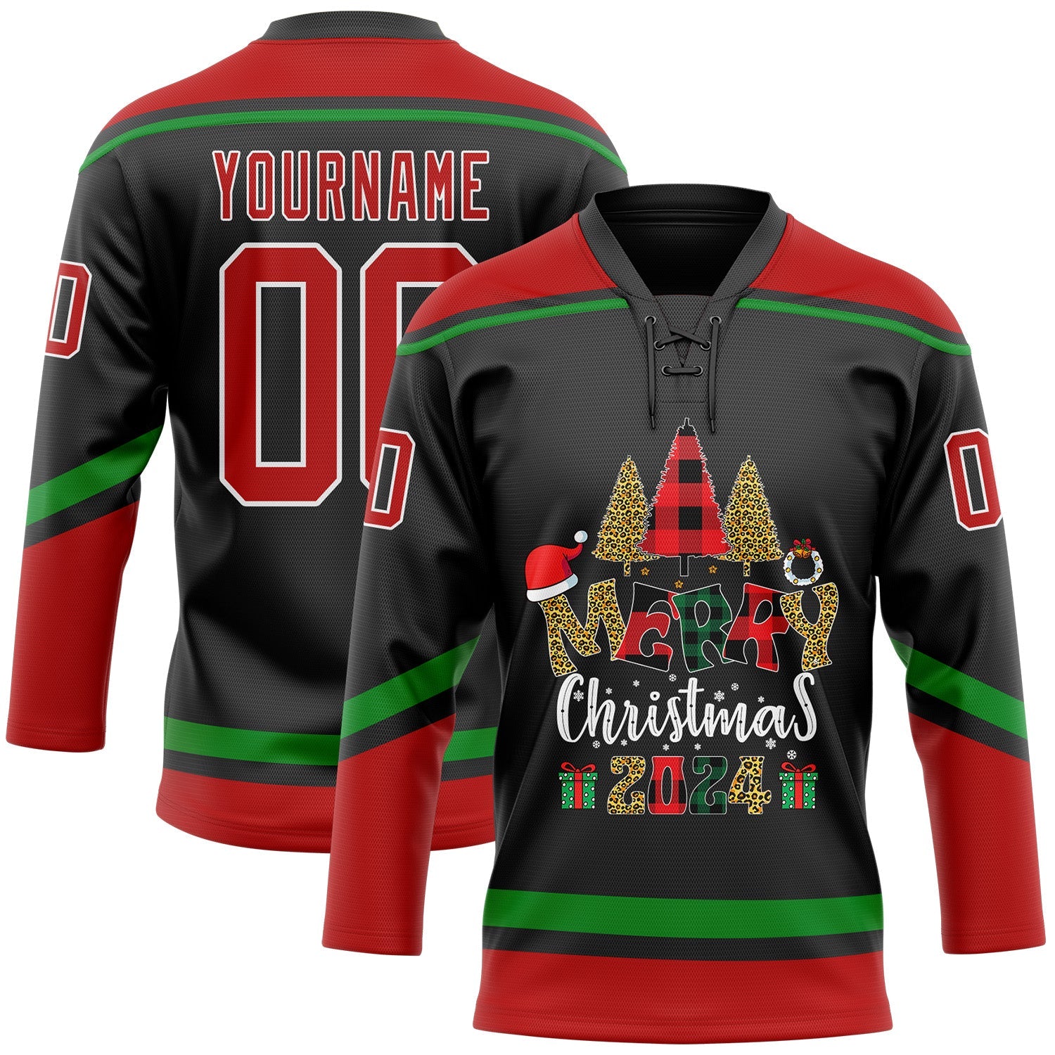 Custom Black Red-Grass Green Funny Christmas 3D Hockey Lace Neck Jersey - Main View