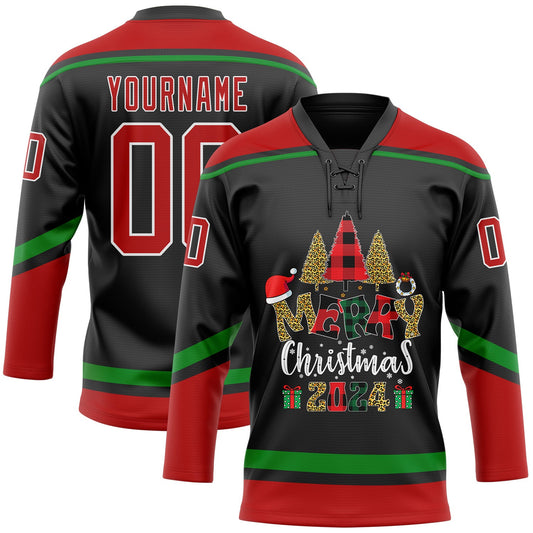Custom Black Red-Grass Green Funny Christmas 3D Hockey Lace Neck Jersey - Main View